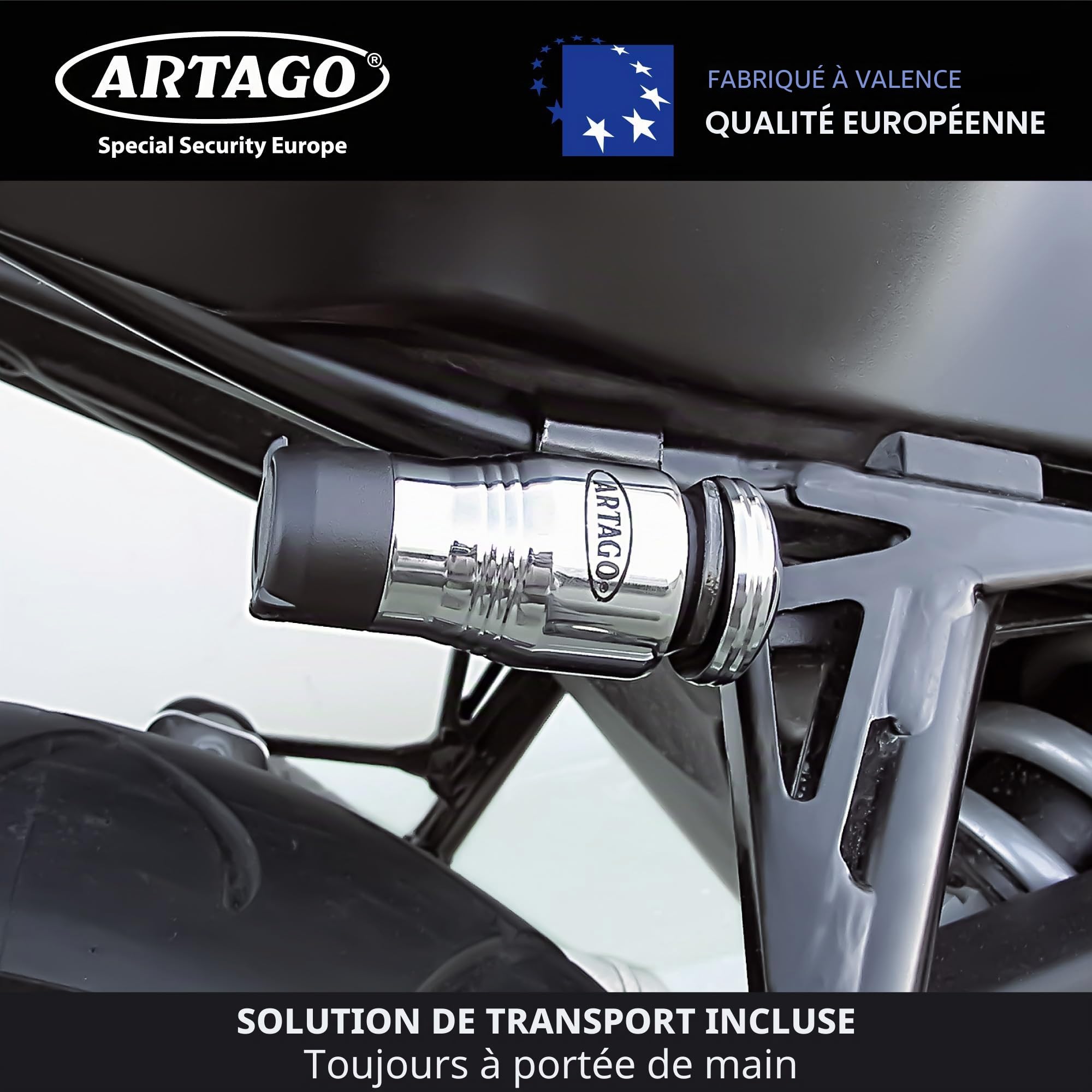 Artago 562-I Bloque Disque Moto Haut de Gamme + Support de Transport Inclus, Verrouillage à 4 Billes en Acier, Chromé, Serrure de Protection Haute Sécurité, Antivol Bloc Frein Roue pour Scooter, Moto