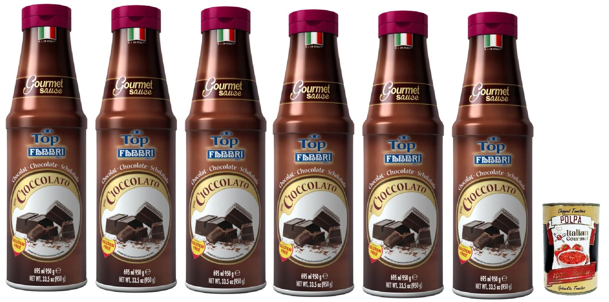Fabbri Lot de 6 sauces pour garnitures cioccolato, chocolat pour glace, desserts et café 6 x 950 g sans gluten prêt à l'emploi + Italian Gourmet polpa 400 g
