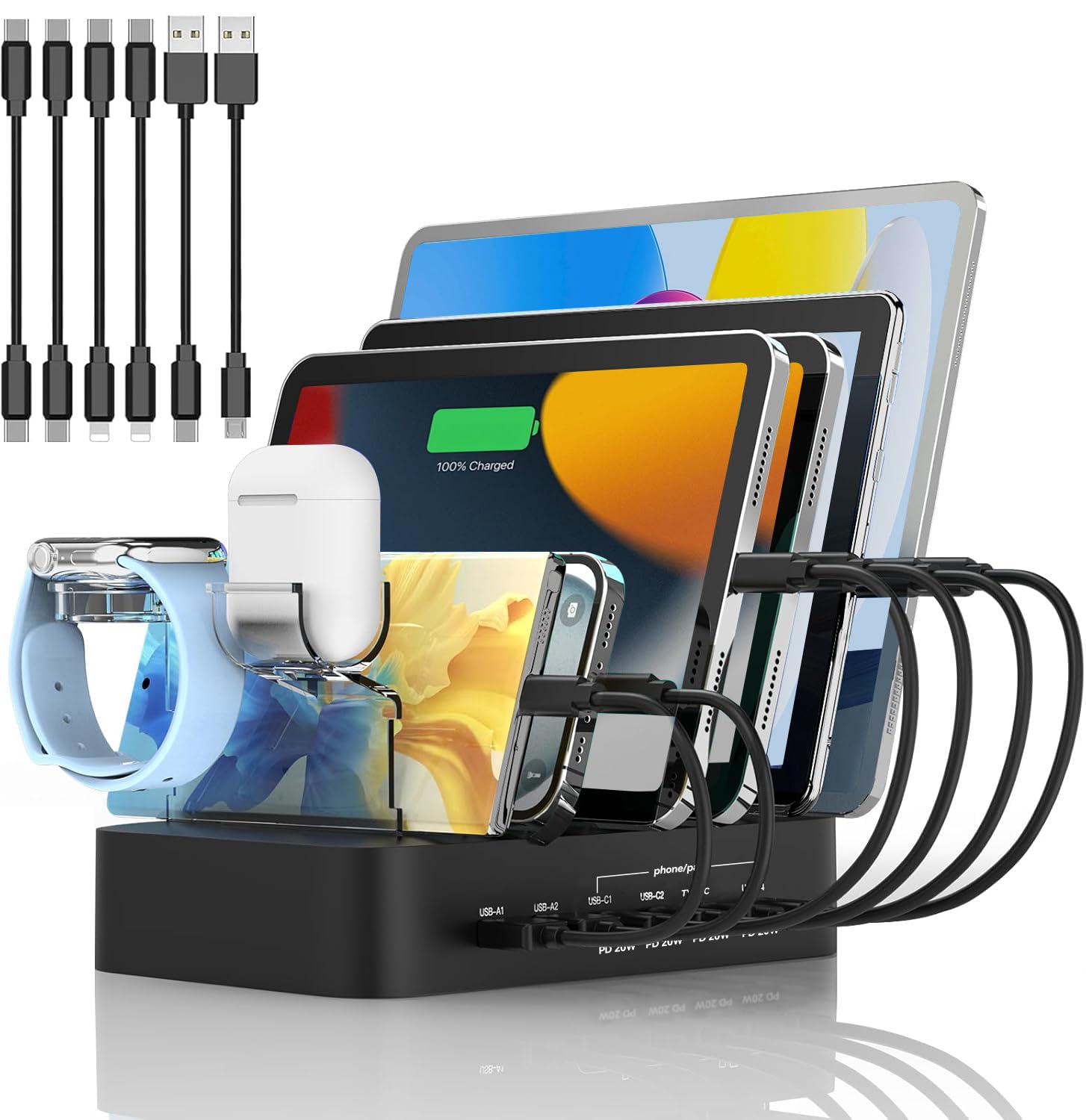 PD Ladestation USB C für mehrere Geräte Schnelles PD Ladegerät 100W 6-Port mit 4X 20W USB C Ladeanschluss, Schwarz