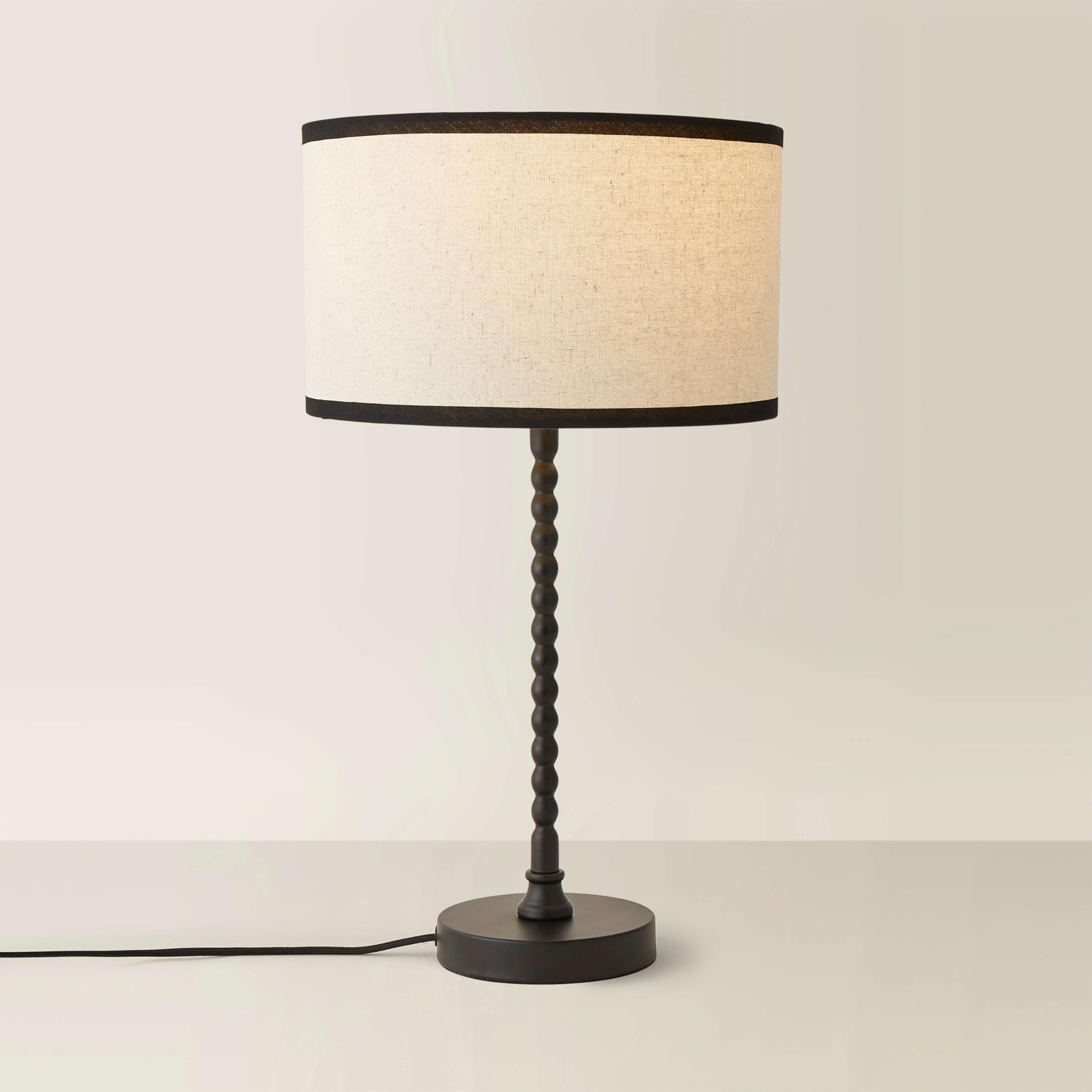 Valuelights Unisex Black Maeve Natural Linen Trim Drum Shade Matte Bobbin Bobble Table Lamp