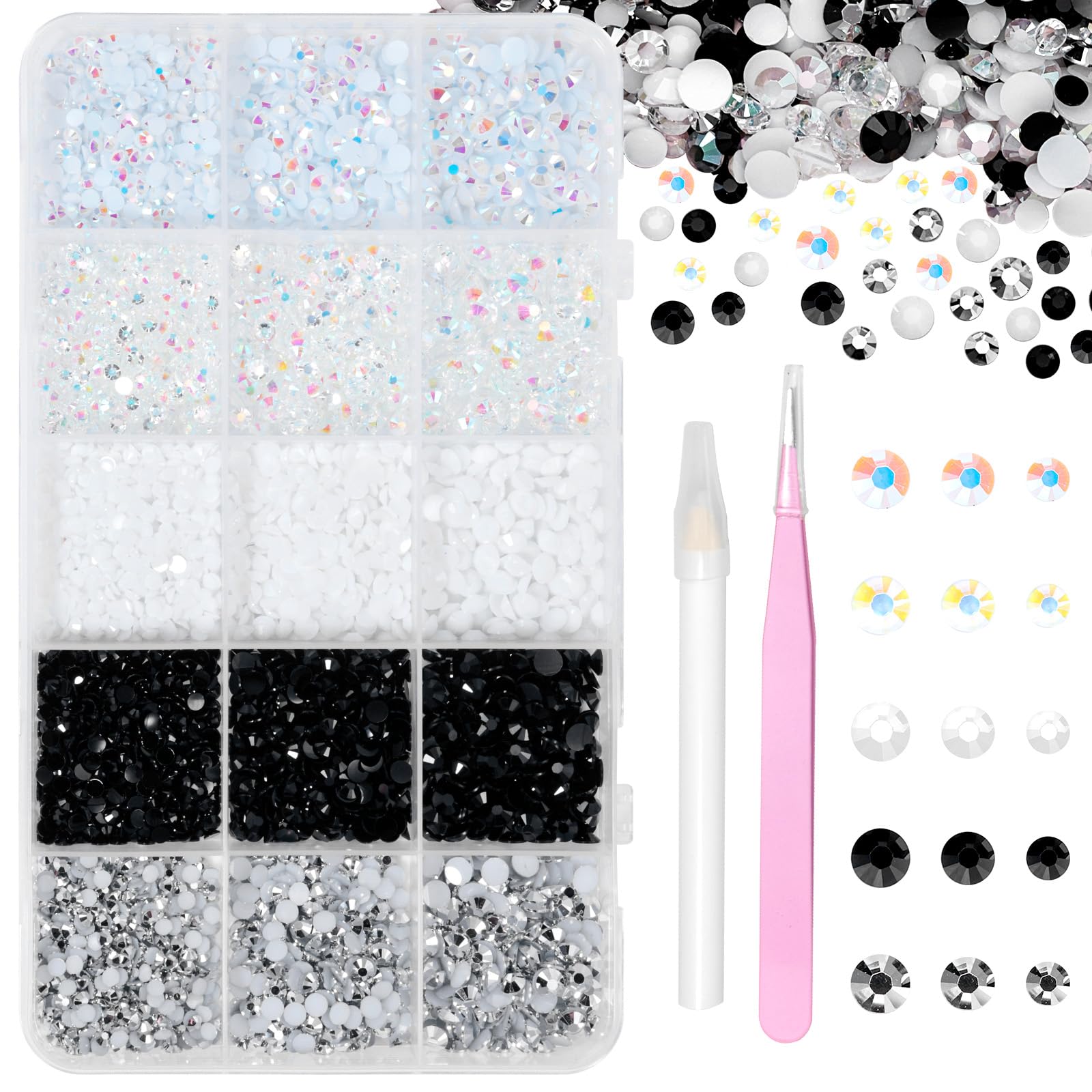 Photo 1 of 12000 Pcs Resin Jelly Rhinestones for Crafting, Multi Sizes Flatback White Black Gems, Resin Rhinestones Bedazzling Crystal with Pickup Tool for DIY Crafts Clothing Shoes Fabric Nail Art