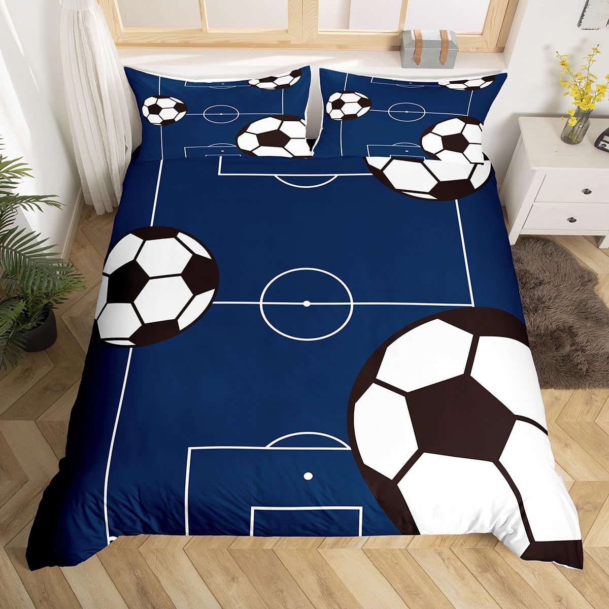 richhome Football Bedding Set King Size Kids Soccer Ball Pattern Comforter Cover Set For Boys Girls Teens Sports Theme Duvet Cover Breathable Football Court Bedspread Cover