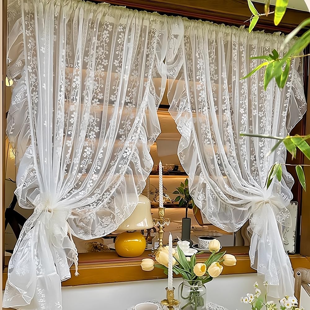 White Little Flower Knitted Lace Curtain with Ruffles for Daughters Bedroom French Romantic Voile Rod Pocket Elegant Floral Embroidered Victorian Drapes 2 Panels (W42xH63 inch)