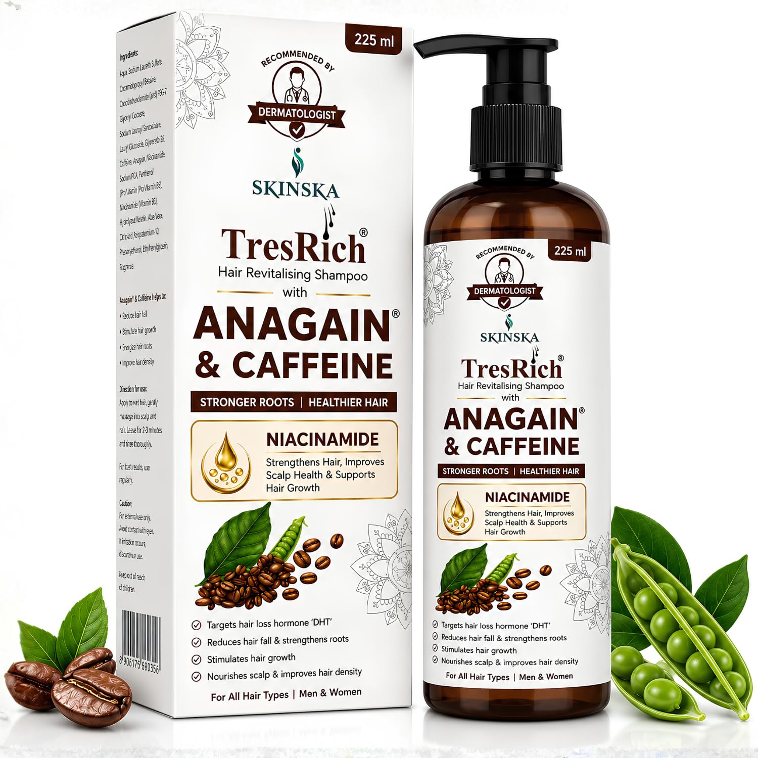 SKINSKA NATURALS TresRich Revitalizing Shampoo | Swiss Formula with Anagain® & Caffeine | Dermatologist Recommended Treatment Shampoo for Hair Thinning & Weak Roots | For Men & Women | 225ml