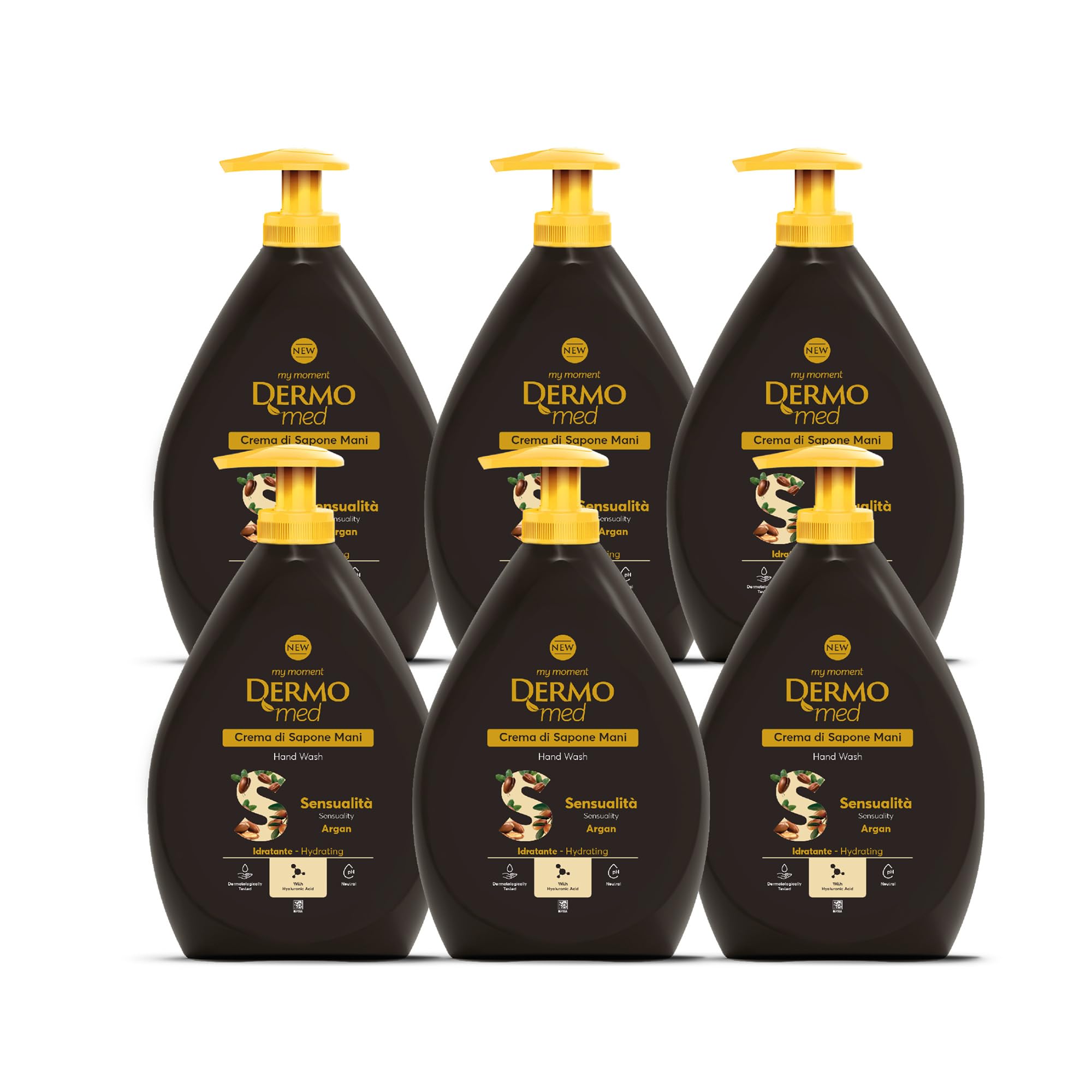 Dermomed Sapone Liquido Mani Sensualità all’Argan con Acido Ialuronico e Glicerina, Idratante, Emolliente e pH Neutro per Pelli Delicate, Dermatologicamente Testato, 600 ml x 6