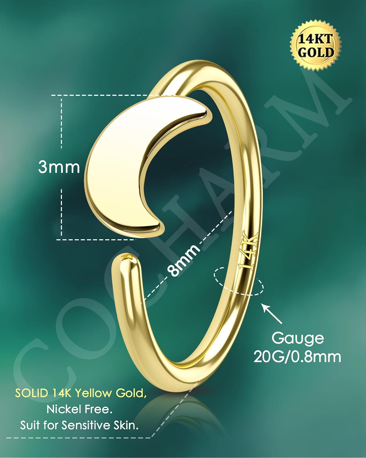 COCHARM Solid 14K Gold Nose Hoop Nose Ring 20g, Real Gold Hypoallergenic Half Hoop Nostrial Piercing 14kt Dainty Moon Nostrial Hoop for Women Men