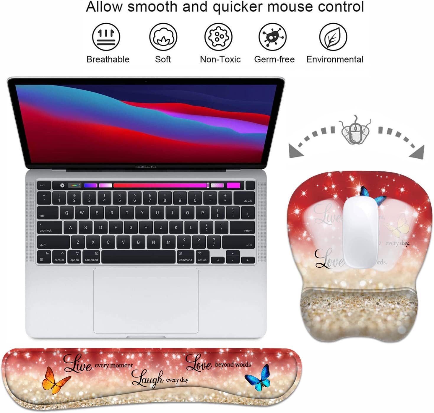 Ergonomic Mouse Pad Wrist Support and Keyboard Wrist Rest Set with Coasters, Non-Slip PU Base, Easy Typing & Pain Relief, Perfect for Home Office Working Studying, Red Glitter Quote Live Laugh Love