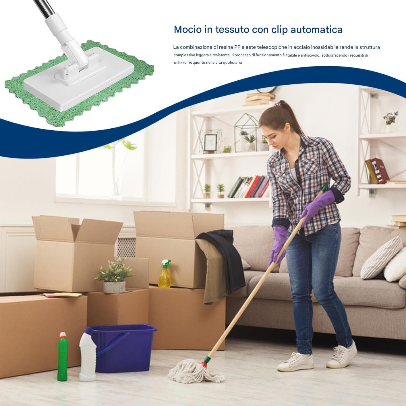 Dust Mops - Kit Di MOP Domestica | NO MOP Di Asciugamani Con 4 Panni Riutilizzabili | Strumento Più Detergente Multiuso Per Laminato Per Piastrelle In Legno | Attrezzatura Per La Rimozione Della