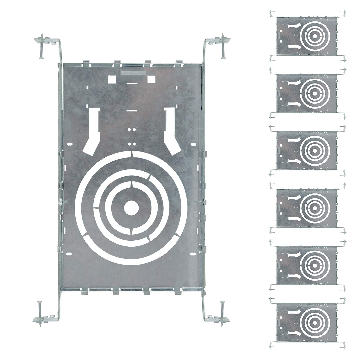 ASD New Construction Mounting Plate with Round Holes 3-4-6" - Shallow LED Recessed Lighting Housing with Extendable Hanger Bars, Adjustable Steel Light Mounting Kit with Notches, 6 Pack