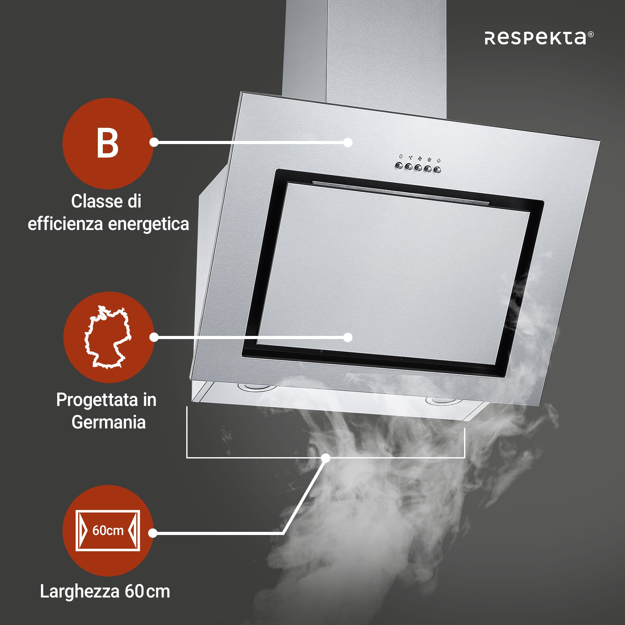 Respekta Cappa aspirante senza ingombro/cappa inclinata 60 cm/struttura in acciaio inox/funzione di espulsione e ricircolo dell'aria / CH22020IXB / B / 58 – 63 dB