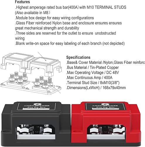 Miniatura 7 de Bloque de distribución de energía de barra de autobús resistente 400A 48V, caja de barra colectora de tierra, 8XM10 (38 pulgadas), diseño de módulo