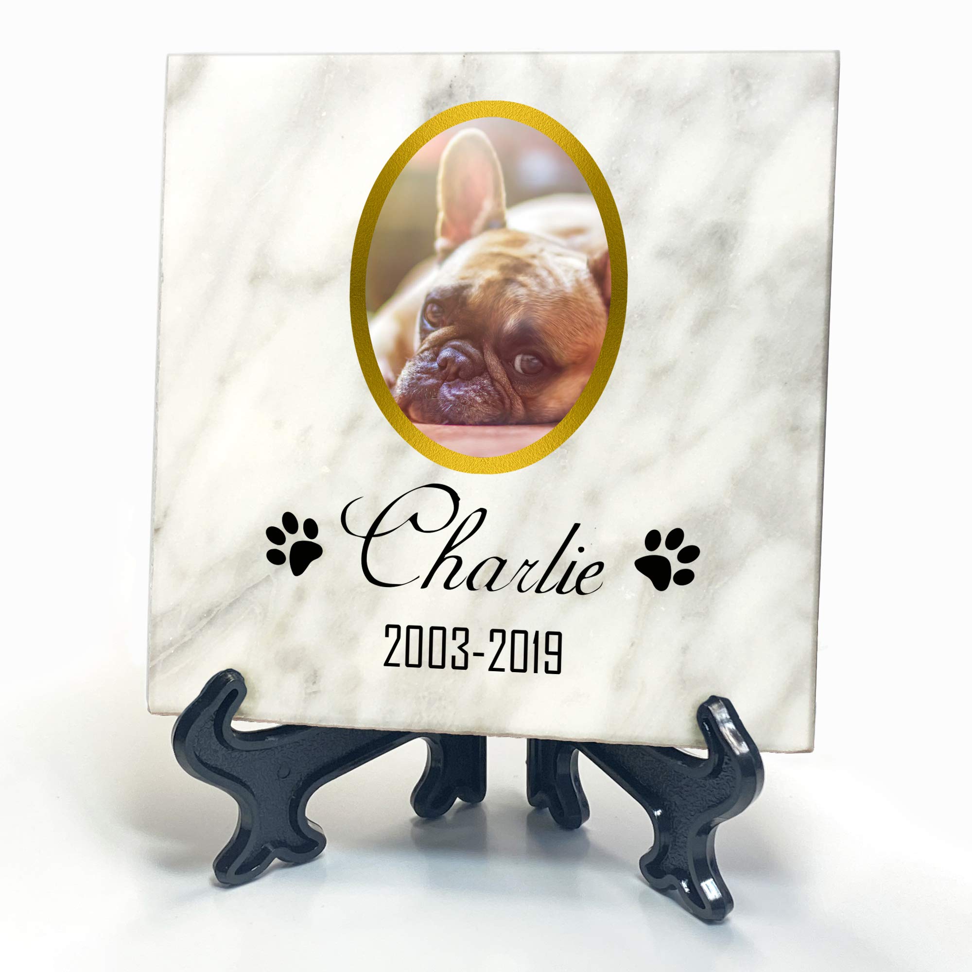 TULLUN Personalised Memorial White Marble Stone Plaque + Stand For Pet Cat Dog Frame Paw Grave Marker - Size |4" x 4" or 10 x 10 cm|- Gold Frame Photo — image 1