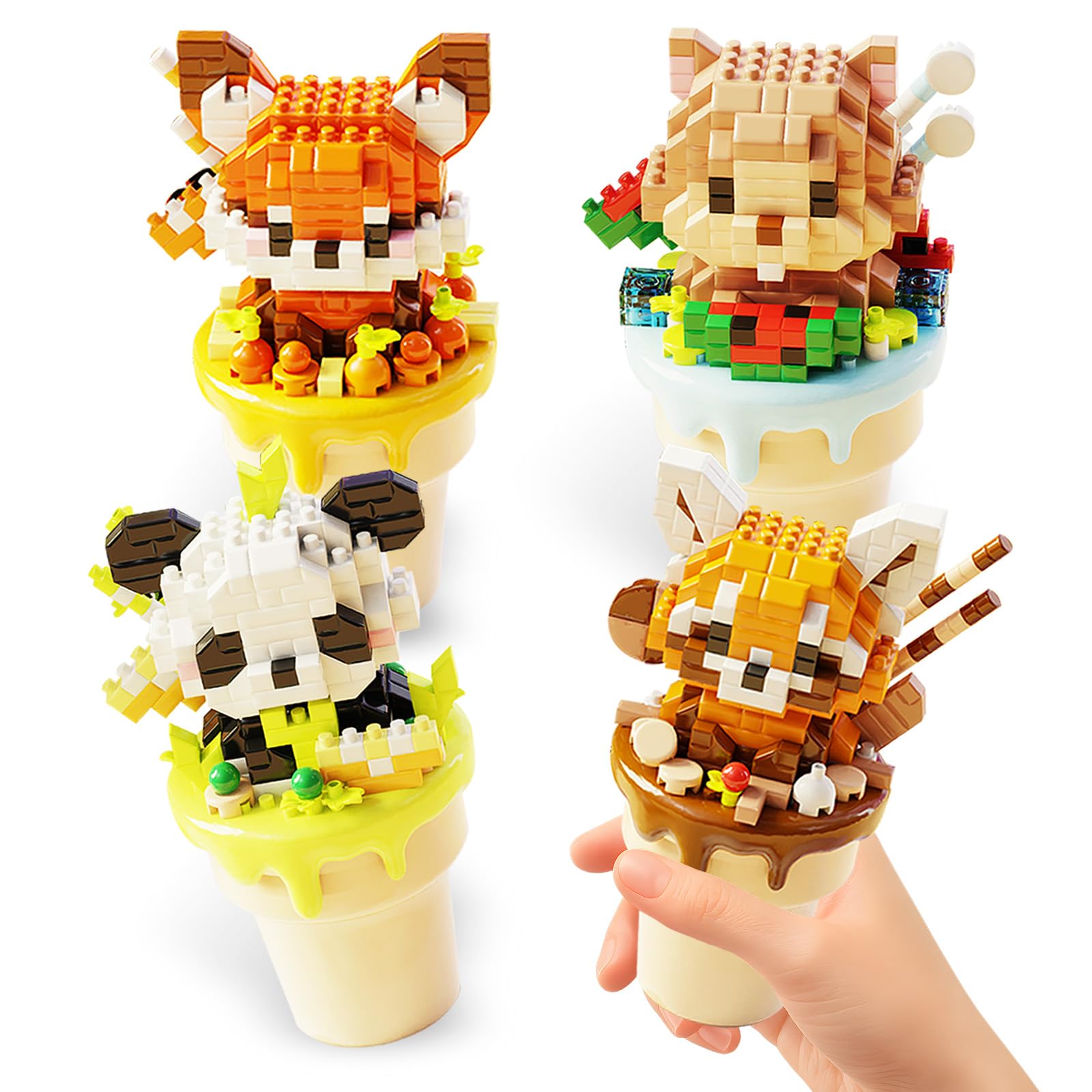 4 Packs Micro Cute Animals Building Set with Ice Cream Cup Base - Panda, Hamster, Raccoon, Fox, Creative Buidling Blocks Party Favors for Goodie Bags