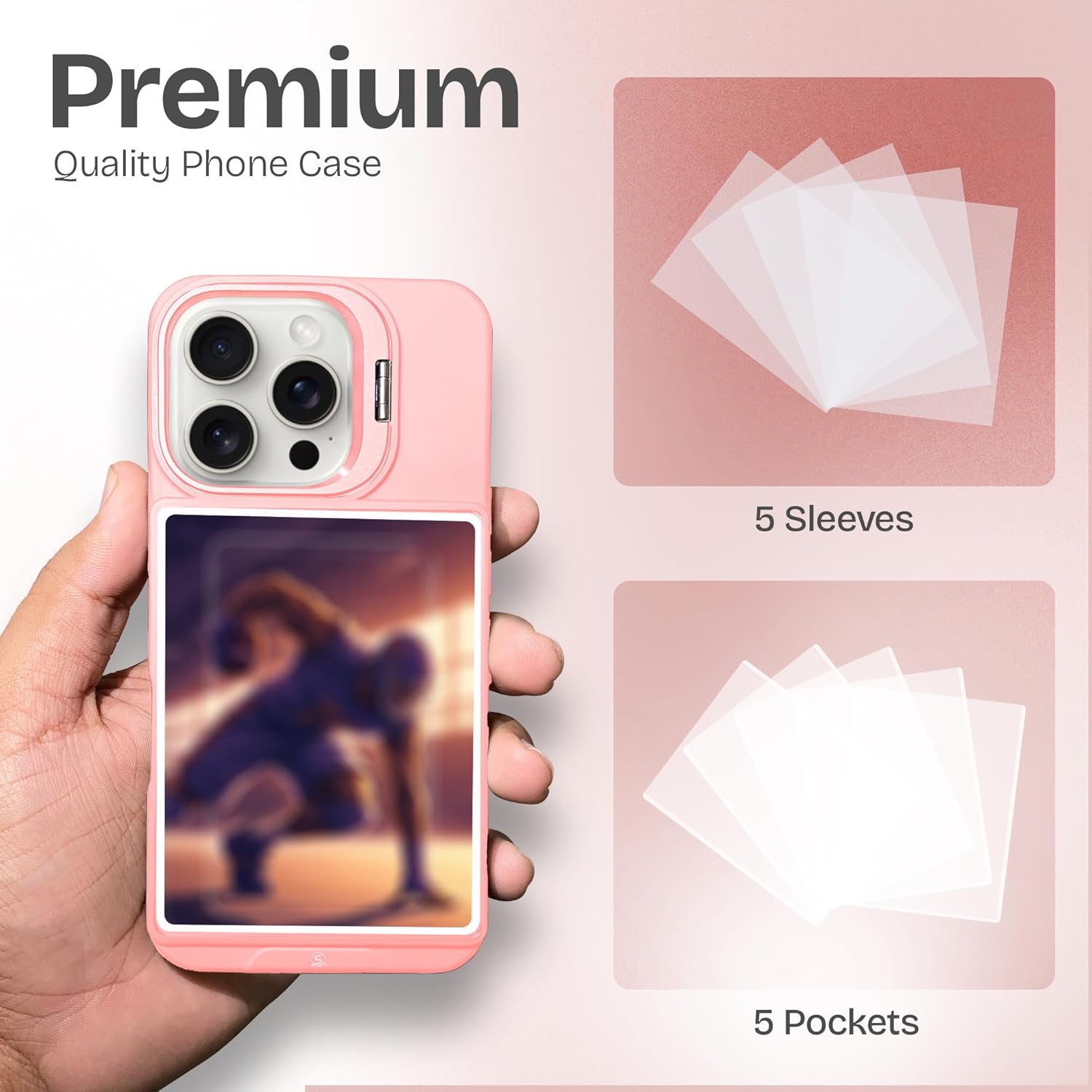 iPhone 14 Pro Card Holder Case, Clear Card Display Phone Case with Built-in Stand & Card Slot, Shockproof Protective Cover for Trading Cards, Photocards & IDs (Pink)