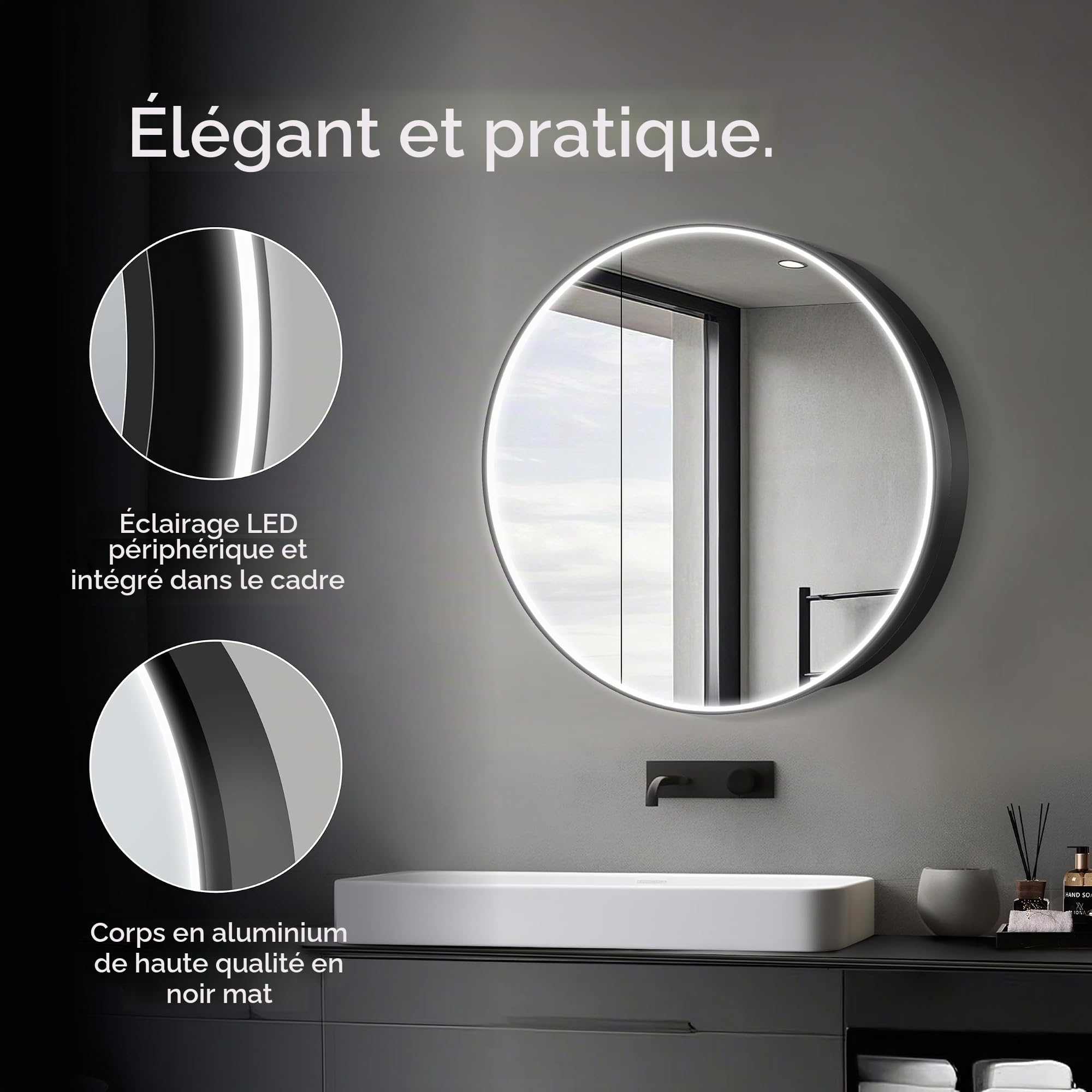 Armoire de Toilette Lumineuse Talos Black Nova Ø80 cm Noir - Meuble de Salle de Bain avec Miroir et 2 étagères - Aluminium - Fond Miroir