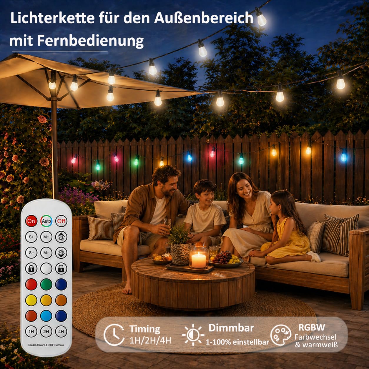 Led Lichterkette Außen Strom 16m 20 Led Bunt Farbwechsel für Party Garten | Outdoor IP65 Wetterfeste, Dimmbar, mit App & Fernbedienung steuerbar für Balkon Terrasse, Bruchsichere