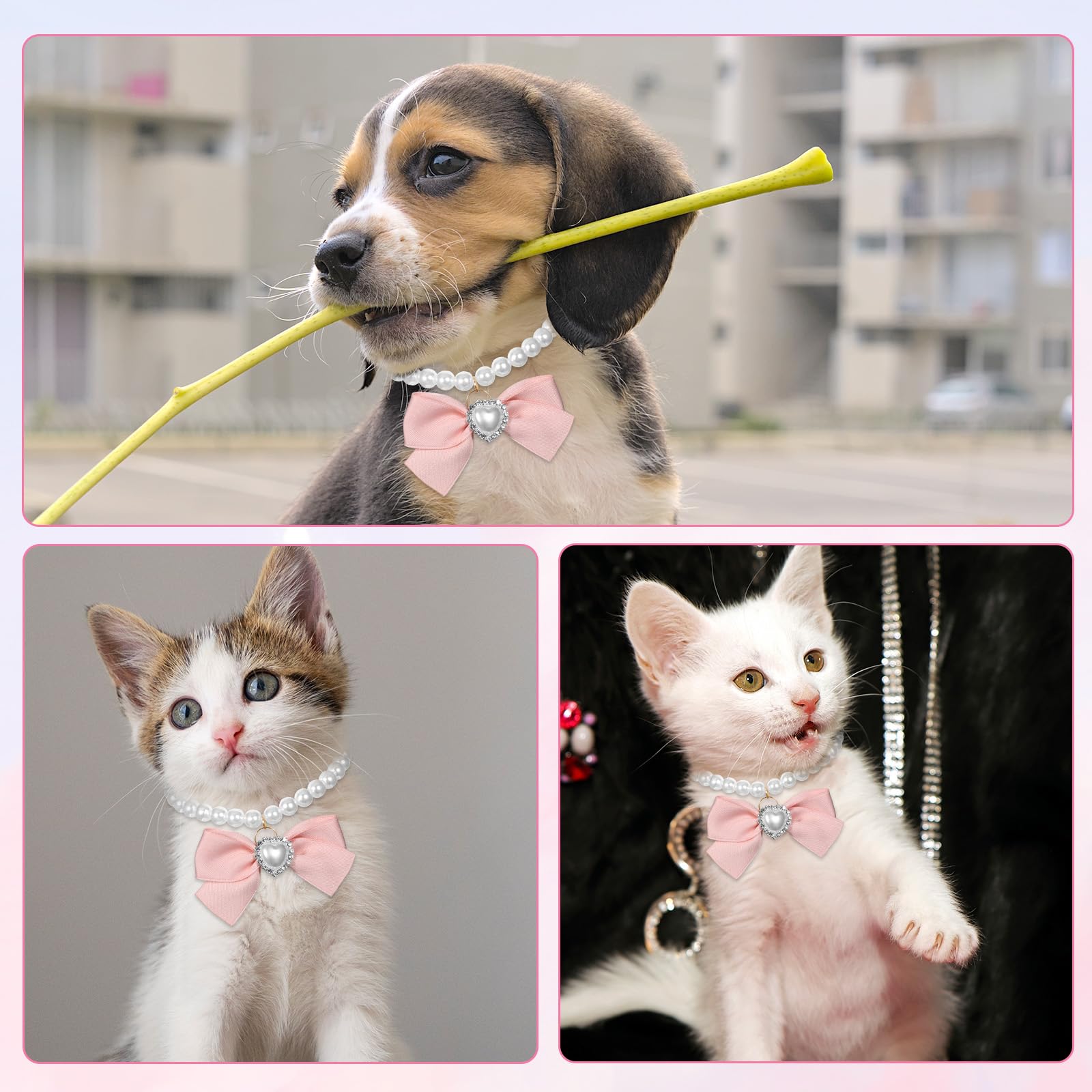 Dog Cat Pearl Necklace Adjustable Dress Costume Pet Puppy Jewelry for Small Dogs - Pink,S