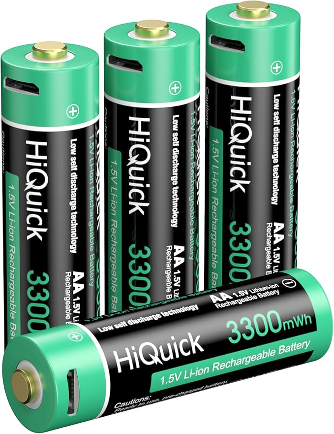 HiQuick Rechargeable Lithium Batteries AA 3300mWh, USB Direct Charging 1.5V AA Liion Batteries