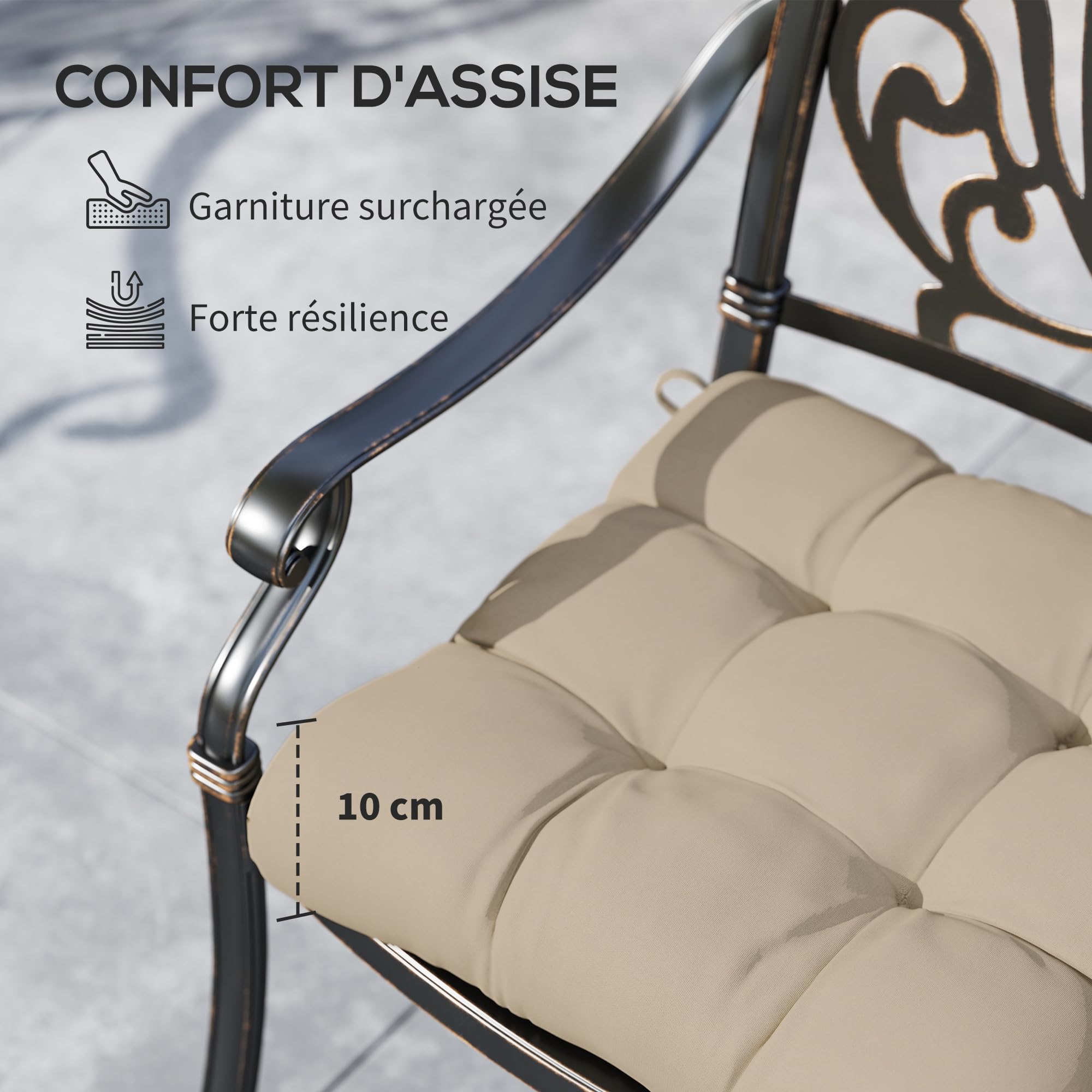 Outsunny Set di 4 cuscini per sedie da giardino, Cuscini imbottiti per esterni, imbottitura 10 cm con lacci, dim. 48L x 48l cm Khaki