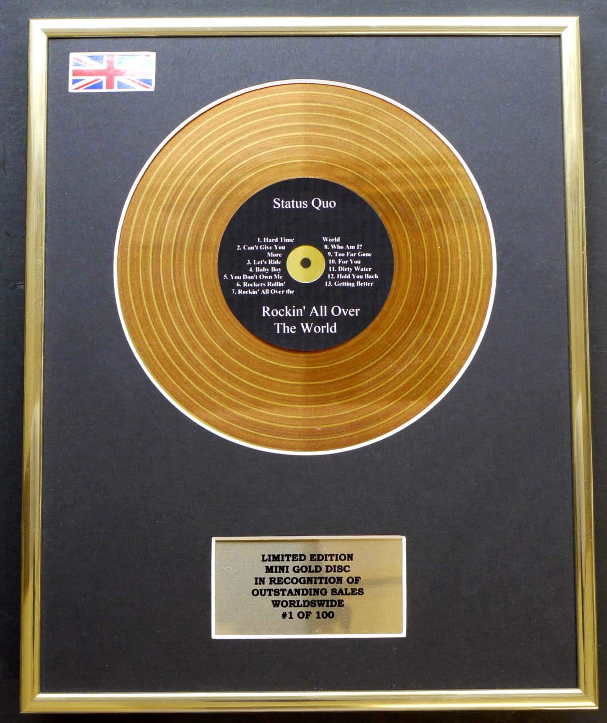 STATUS QUO/MINI GOLD DISC DISPLAY/LIMITED EDITION/COA/ROCKIN' ALL OVER THE WORLD