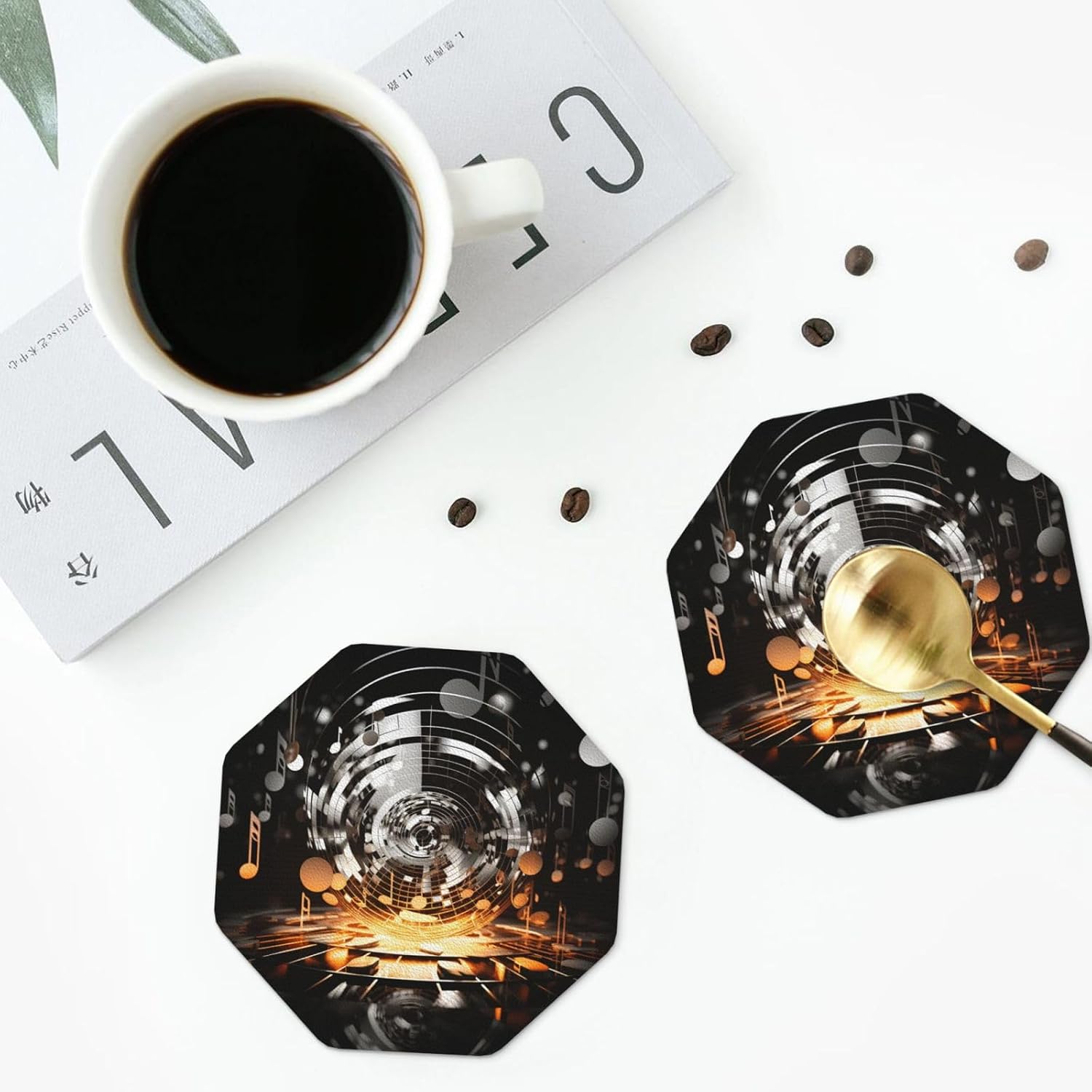 Musical Theme Music Clefs Leather Coasters Set of 6 Waterproof Heat-Resistant Drink Coasters Octagon Cup Mat for Living Room Kitchen Bar Coffee Decor image 5