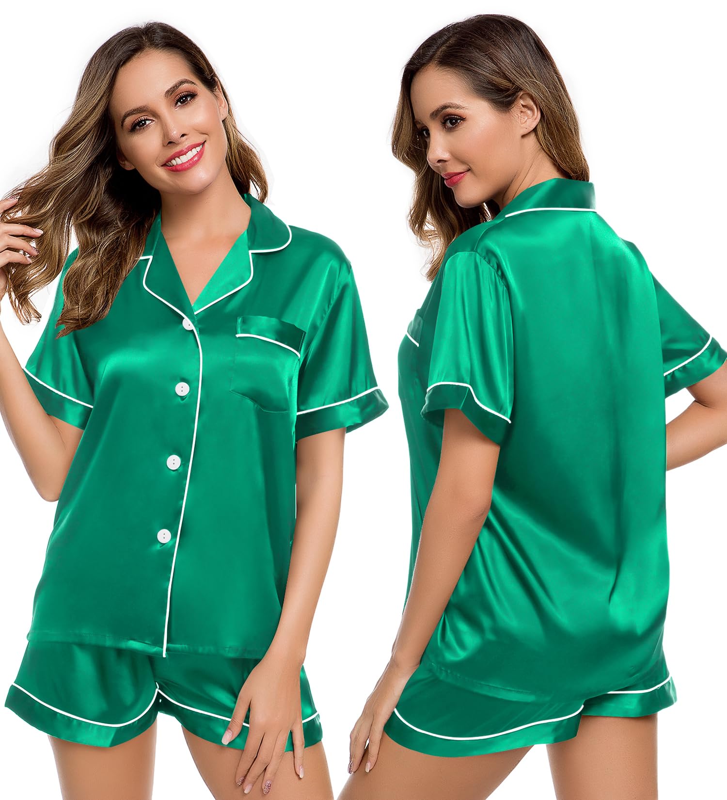 LecGee Womens Silk Satin Pajamas Short Sleeve Loungewear Two-Piece Sleepwear Button-Down Pj Set Emerald Green X-Large