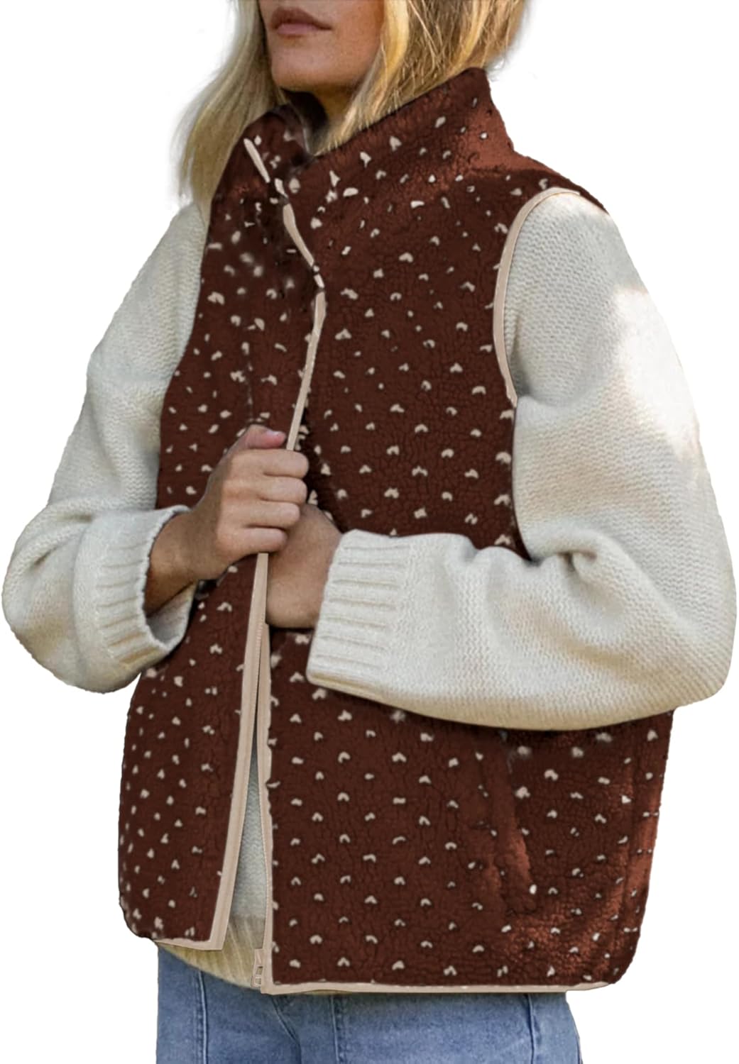SeeLuNa Fleece Vest Women Mock Neck Polka Dot Sherpa Vests Full Zipper Fuzzy Jacket Oversized Gilet Outerwear with Pockets