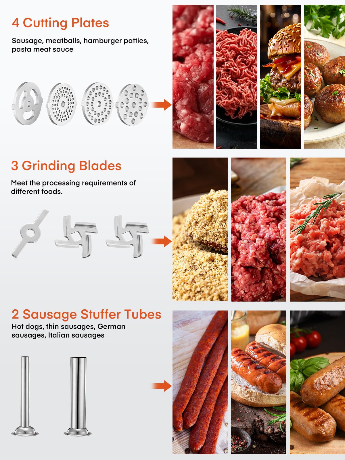 Hachoir à Viande pour KitchenAid, Accessoire Robot Pâtissier, 4 Plaques de Broyage, 2 Embouts à Saucisses, Acier Inoxydable