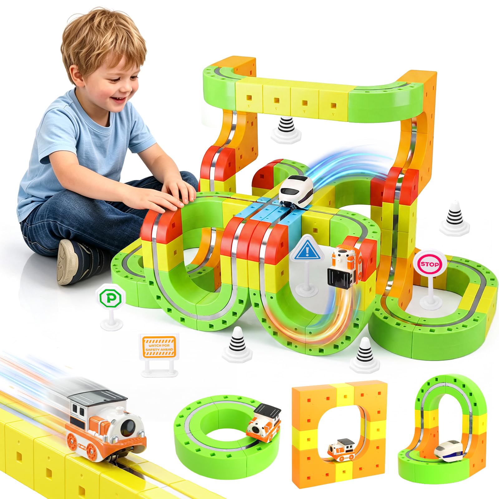 131PCS Electric Train Set Kid Toys with Upgraded Bigger Magic Tracks | 3D Magnetic Train Set Stem Toys with 2PCS Rechargeable Toy Train for Adult-Guided Setup, Birthday Gift for Boys Girls Aged 4+