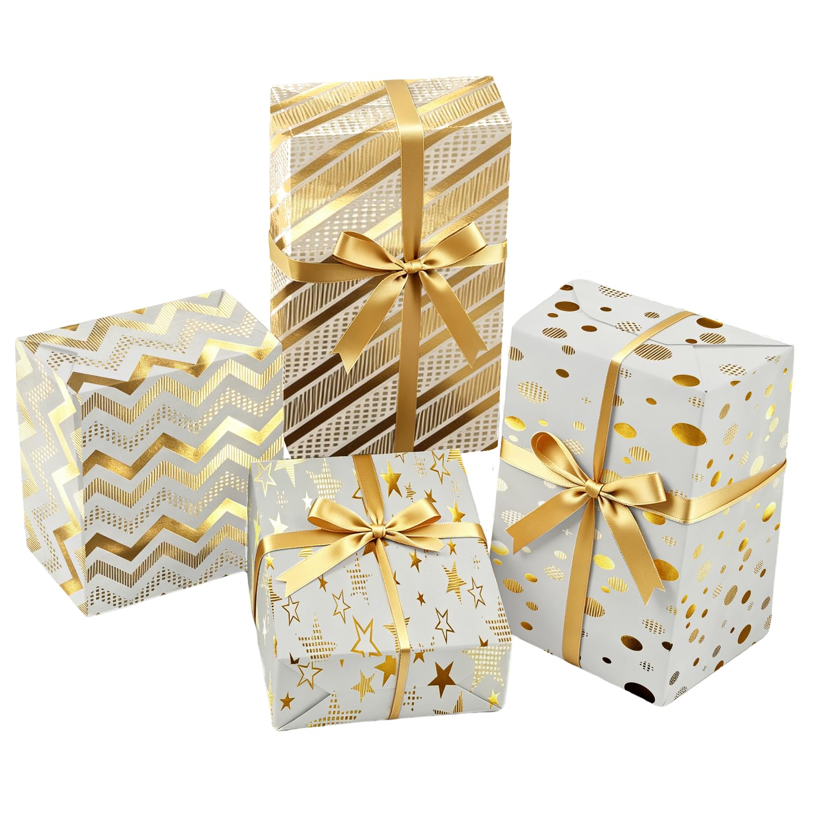 BOCACUE Gift Wrapping Paper Sheets, 8 Sheets Gold Foil Wrapping Paper with Star, Wave, Stripe & Dot Designs, 50x70 cm Recyclable White Coated Paper, Perfect for Kids, Boys, Men, Girls, Women