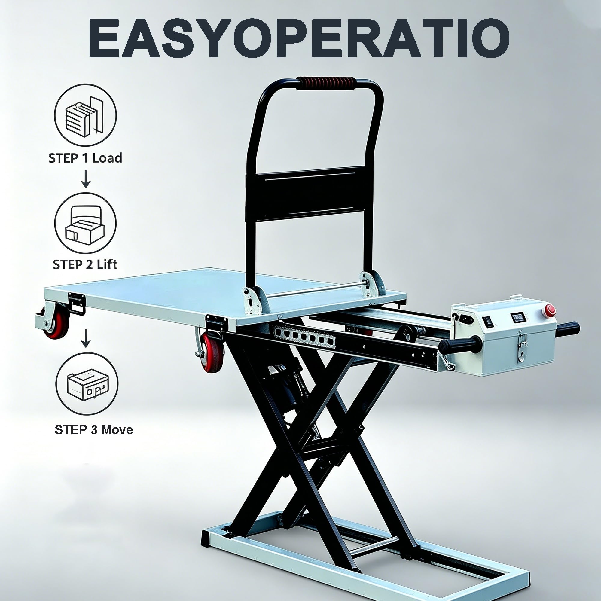 Carrello elevatore idraulico elettrico, capacità 600 libbre, batteria 48 V 12 A, piattaforma antiscivolo, 4 ruote, design salvaspazio per carico camion