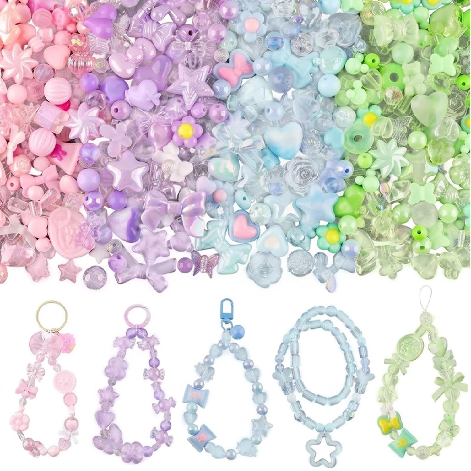 180-240Pcs Acrylic Beads for Bracelet Making, Cute Beads for Jewelry Making with Bow Flower Butterfly Candy Heart Star, Charm Bead for DIY Necklace Keychain Phone Charm Crafts (4 Colors, 160g)