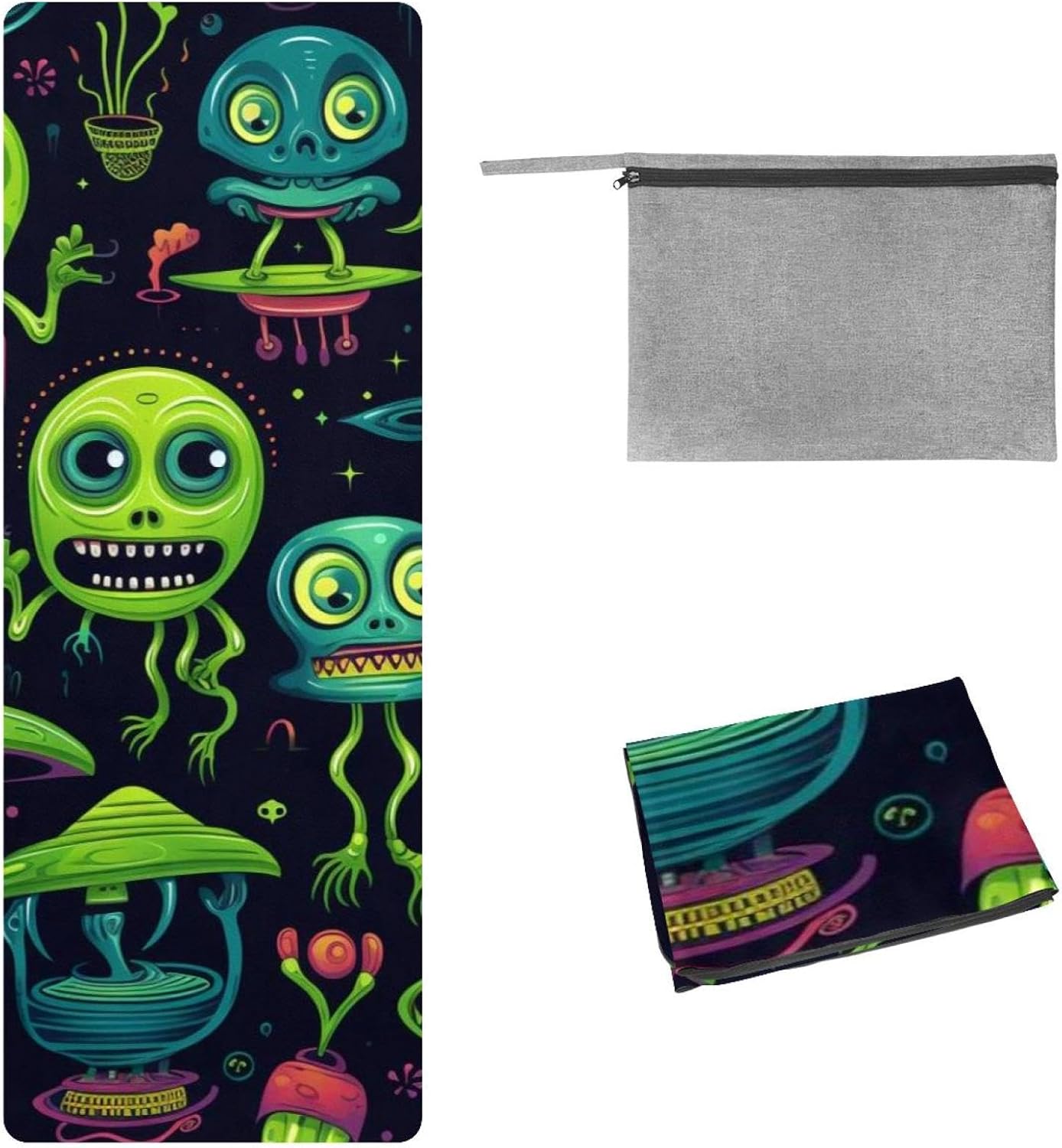Yoga Towel, Outer Space Alien Pattern Non Slip Sweat Absorbent Hot Yoga Mat Towel for Hot Yoga, Pilates and Fitness - 72.8" x 26.8"