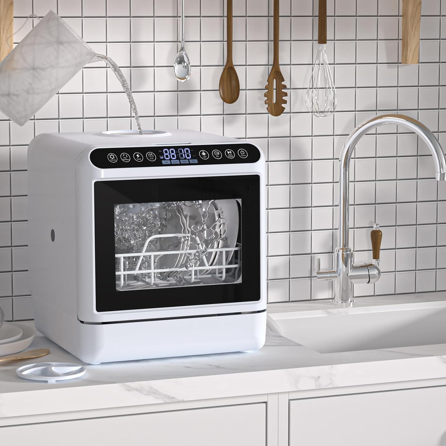 Portable Dishwasher with 5L Water Tank, Mini Dishwasher Countertop, Automatic Smart Countertop Dishwasher with 5 Washing Programs, Air-Dry Function and LED Light, No Hookup Needed, 3-Spray A