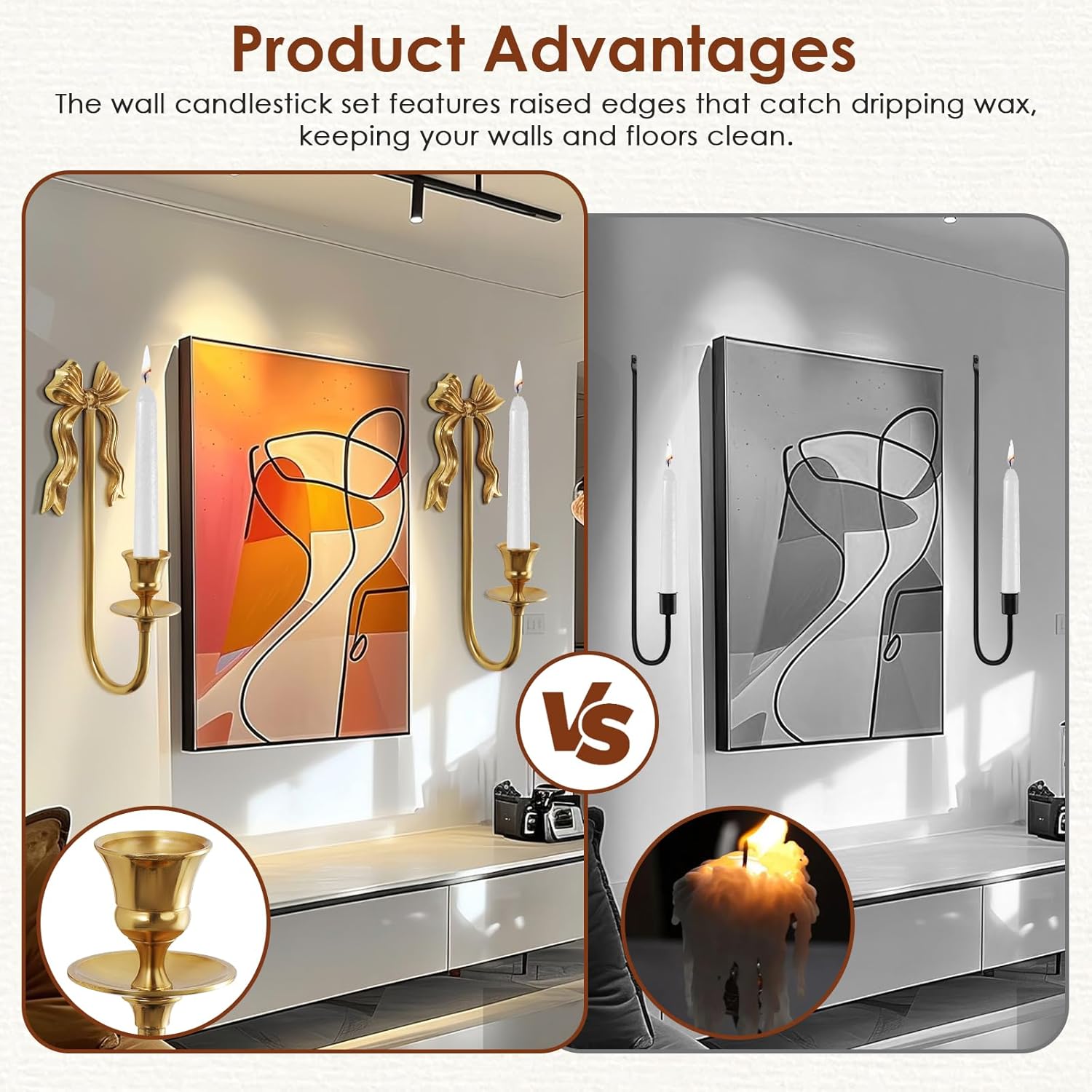 Vintage Gold Bow Candle Holders Set of 2, Solid Brass Wall Mounted Tapered Candle Sconce, Candle Holder Wall Decor for Living Room, Bedroom and Hallway