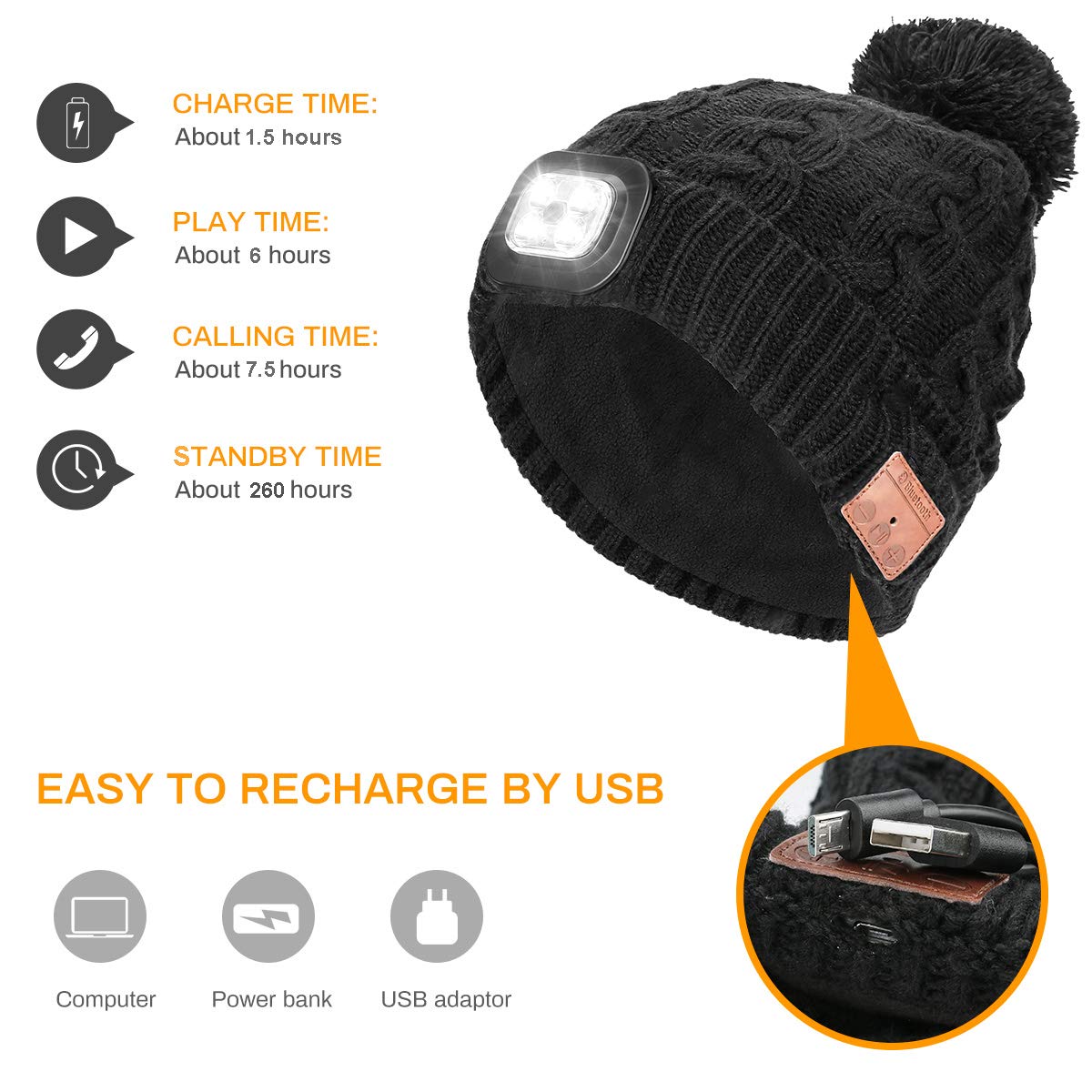Powcan Wintermütze mit Licht Wireless Bluetooth 5.0 Music Mütze 4 LED Hut USB aufladbare Caps für Männer Frauen warme Strickmütze