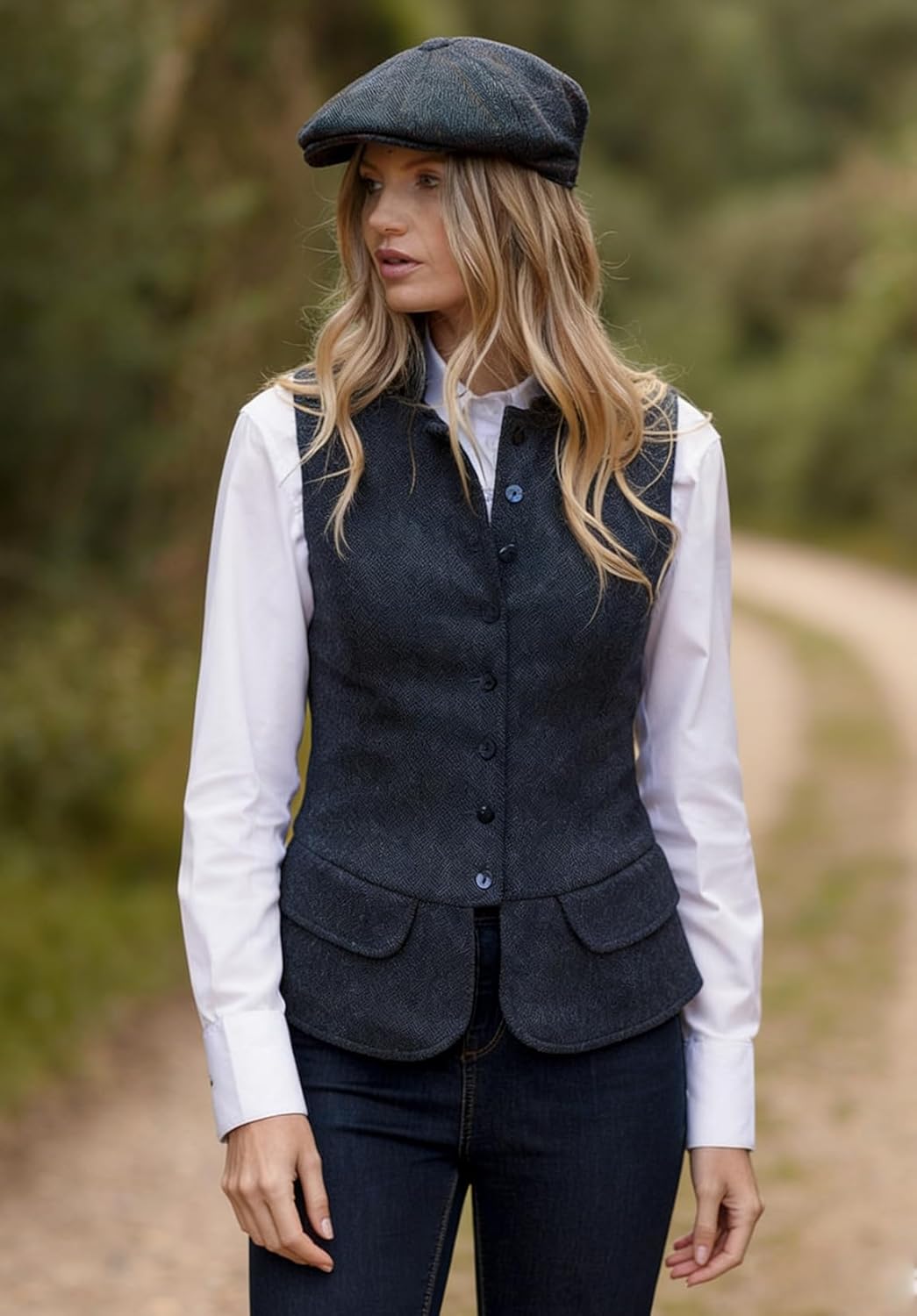 Women's Herringbone Tweed Vest Button Down Dressy Waistcoat Sleeveless Jacket