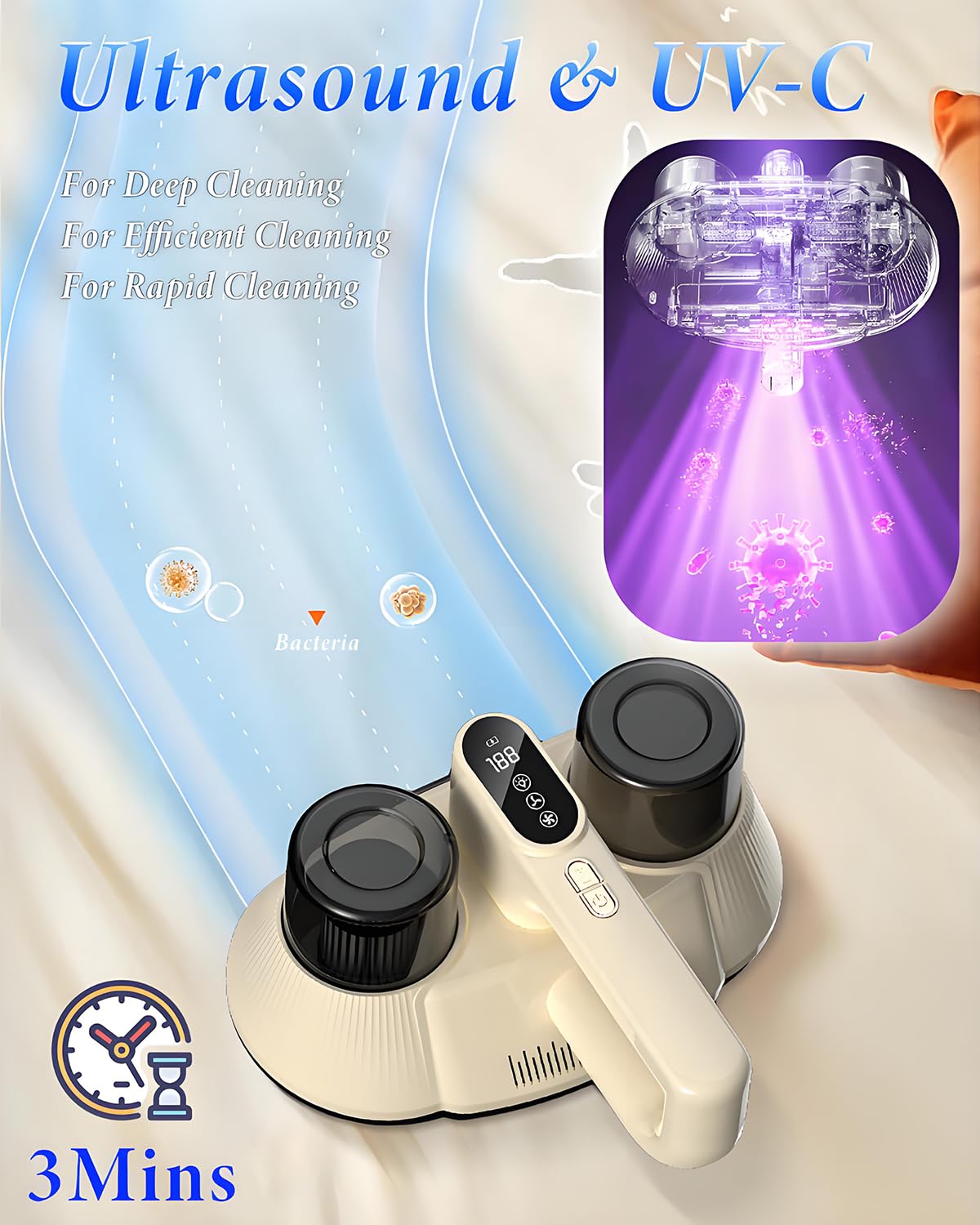 Aspirador de ácaros para colchones, 100 W, portátil, inalámbrico, con doble aspiradora y UV-C y ultrasonido para la limpieza de ropa de cama y sofá