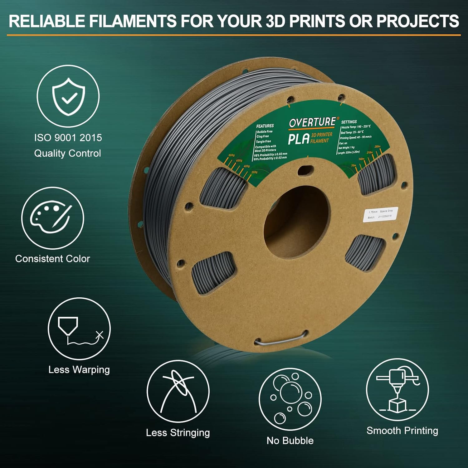 OVERTURE PLA Filament 1.75mm PLA 3D Printer Filament, 1kg Cardboard Spool (2.2lbs), Dimensional Accuracy +/- 0.03mm, Fit Most FDM Printer (Space Gray) : Industrial & Scientific