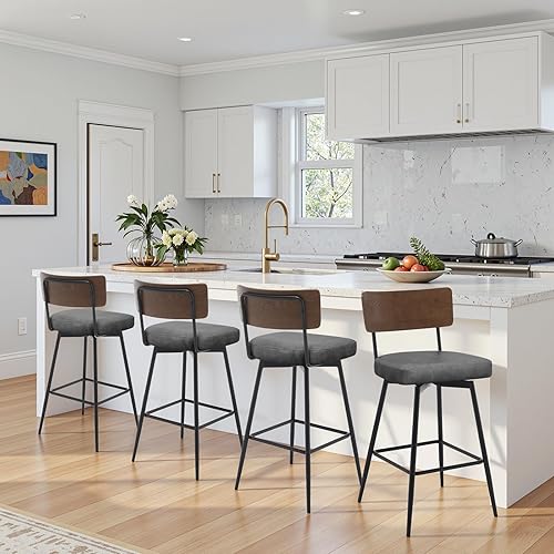 Miniatura 24 de Juego de 2 taburetes de bar giratorios de 26 pulgadas de altura de mostrador con respaldo de madera, taburetes de bar tapizados de piel sintética