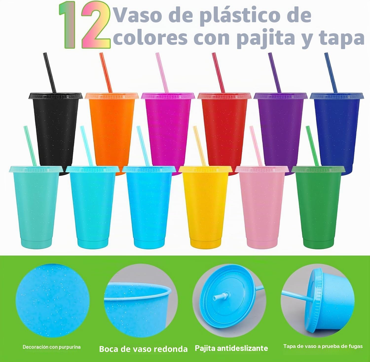 Malloom 36 vasos de plástico reutilizables con tapa y pajita, 700 ml, vasos de bebidas frías con purpurina, vasos para fiestas, tazas de viaje para café helado, batidos, cumpleaños