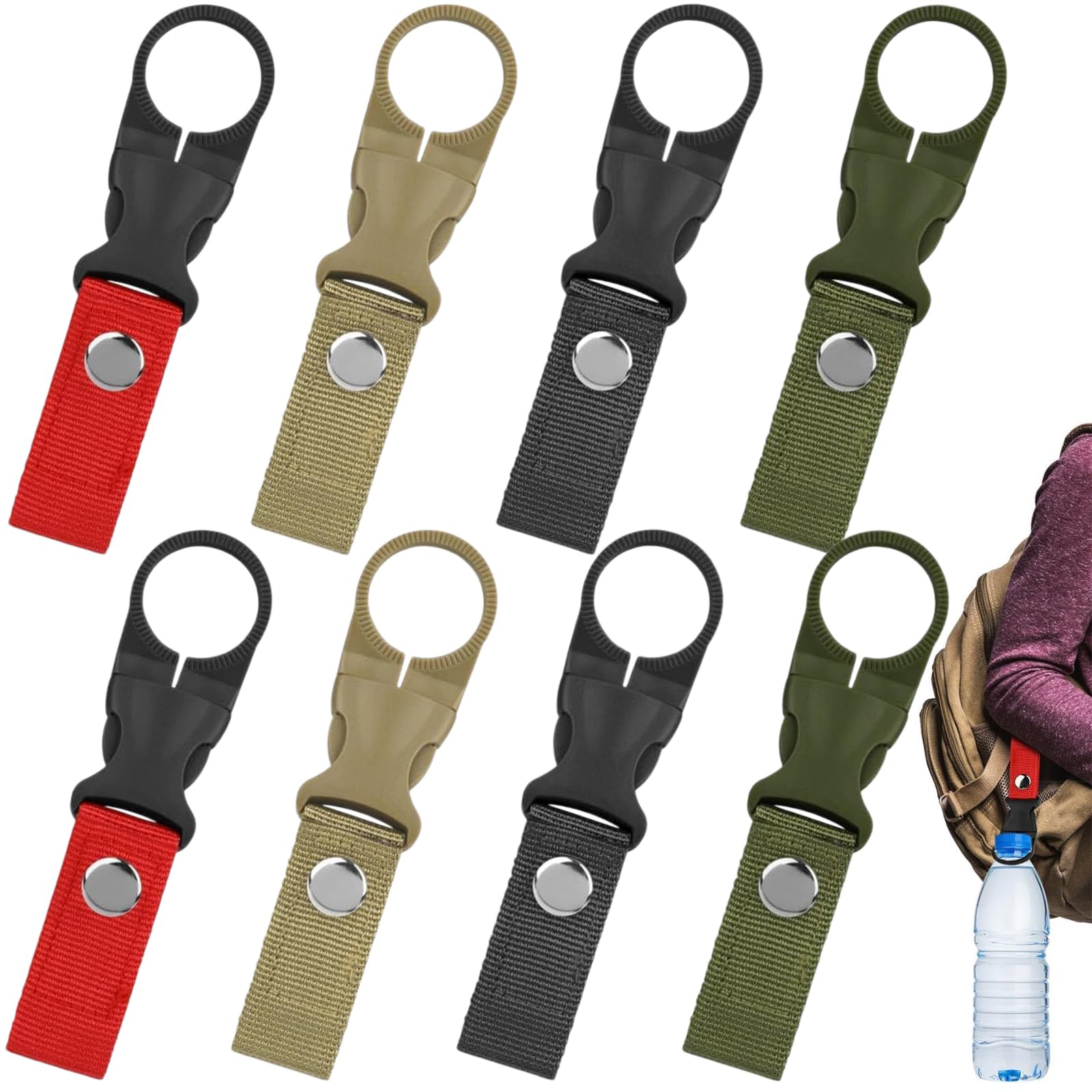 Doodlewitz Multicolor 8 Pcs Of Nylon Water Bottle Holder Clip, Hanging Water Bottle Clip For Backpack, Outdoor Portable Holder Clips, Nylon Webbing Buckle Straps,Used For Hiking, Camping, Outdoor Travel