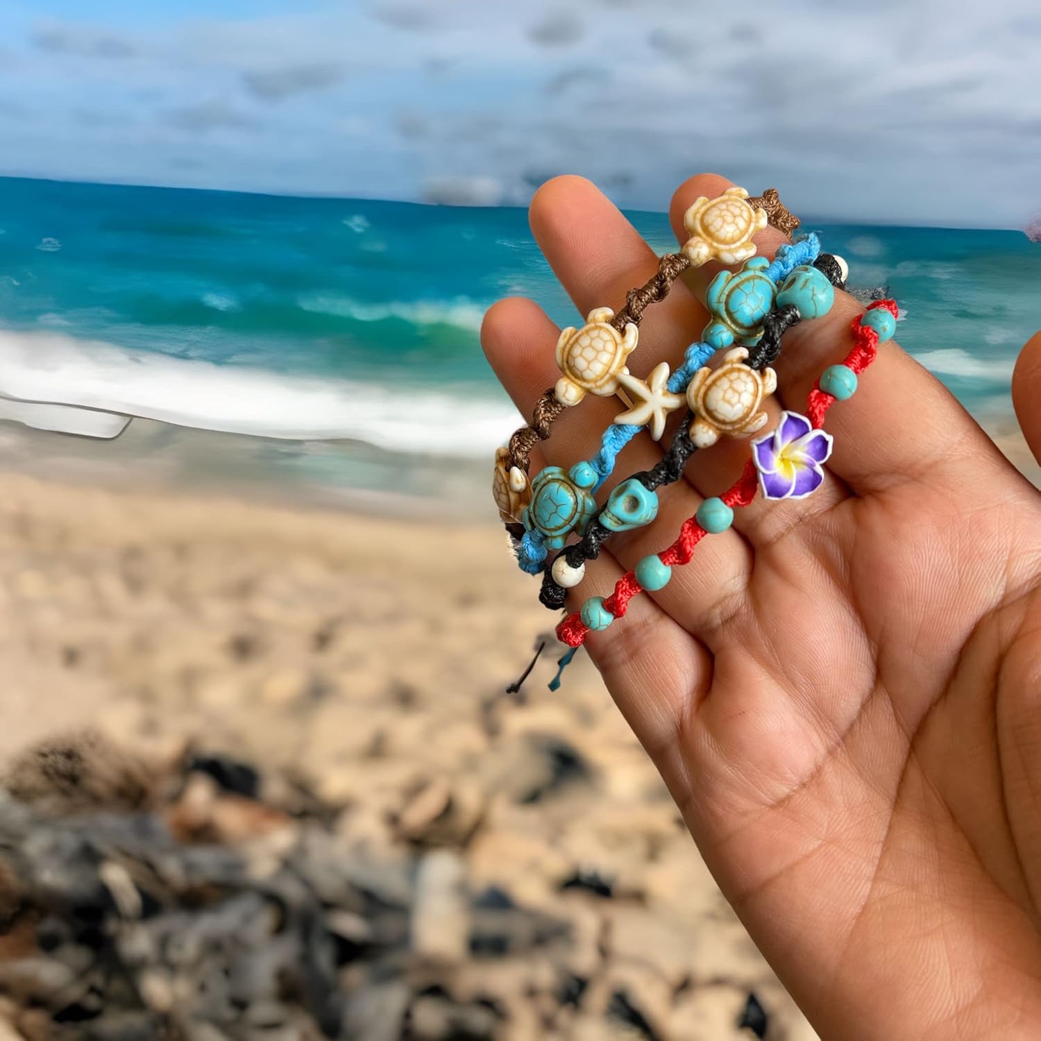 4 Pcs/Set Turtle Hemp Bracelet Frangipani Flowers Hawaiian Bracelet with Turtle in Turquoise Color Set Best Friend - Image 3