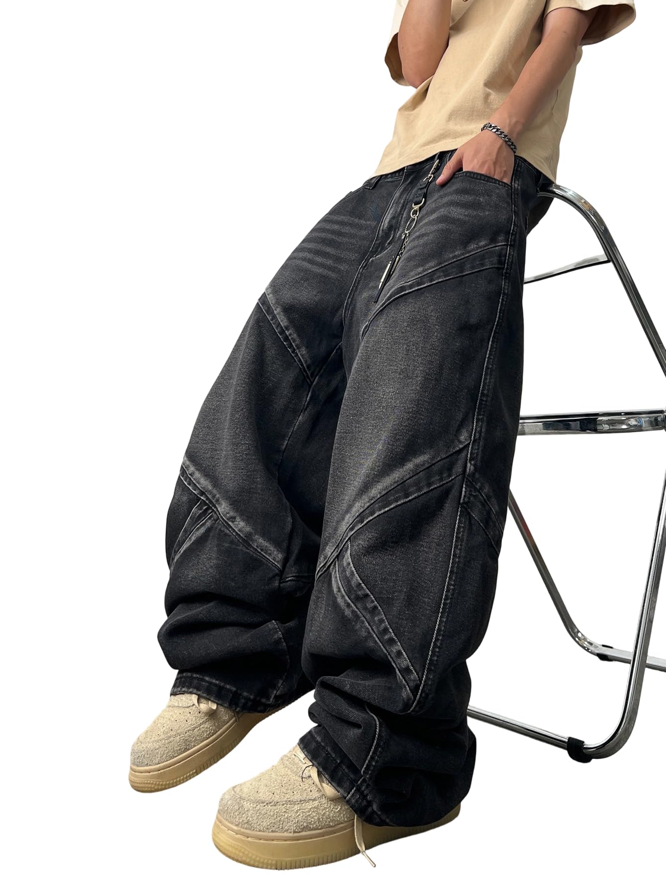 DFGIGT Calça jeans masculina folgada patchwork Y2k hip hop perna