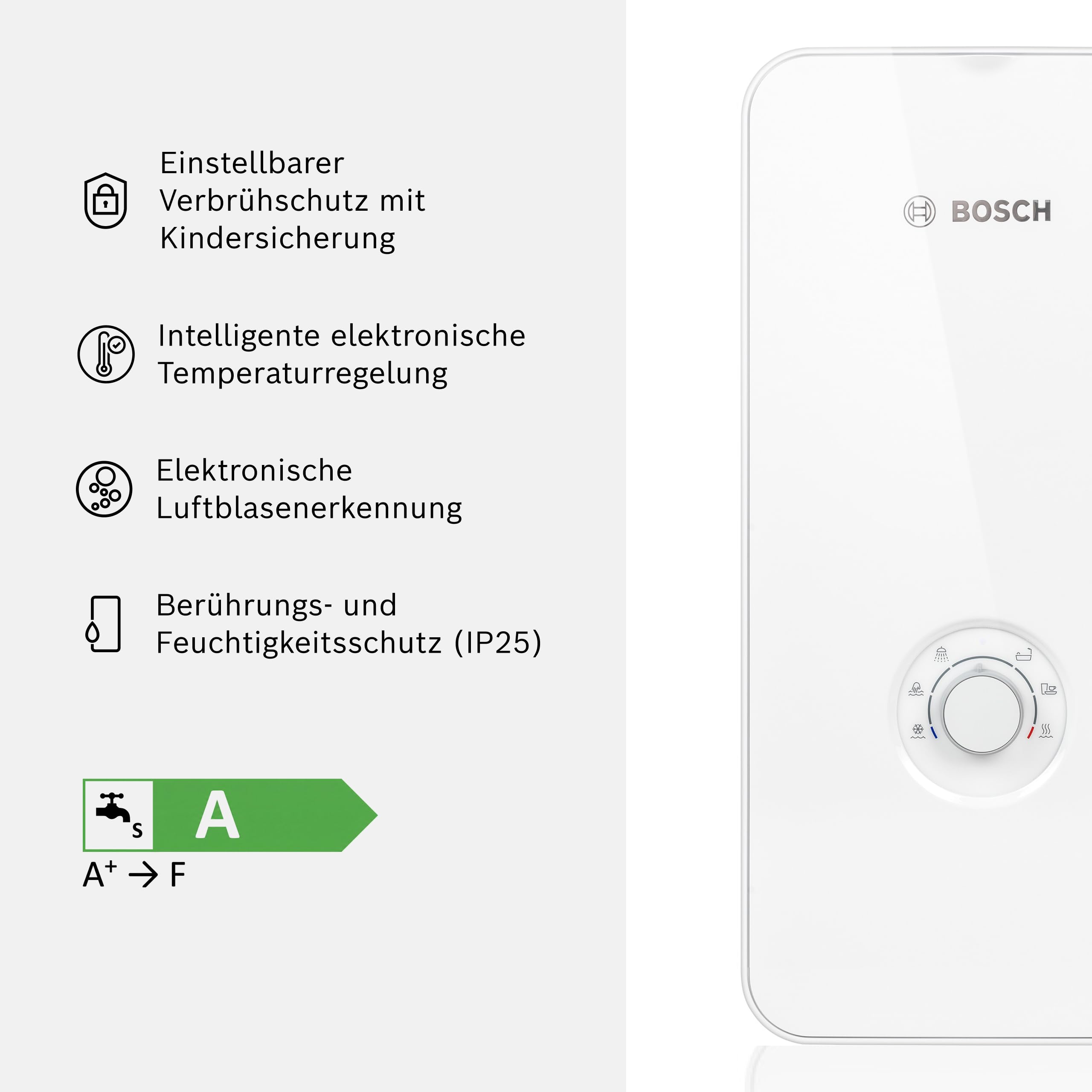 Bosch elektronisch geregelter Durchlauferhitzer Tronic Comfort Plus 21/24/27 kW - Umschaltbar, druckfest, stufenlose Temperaturwahl, moderne Glas-Optik, weiß [Energieklasse A]