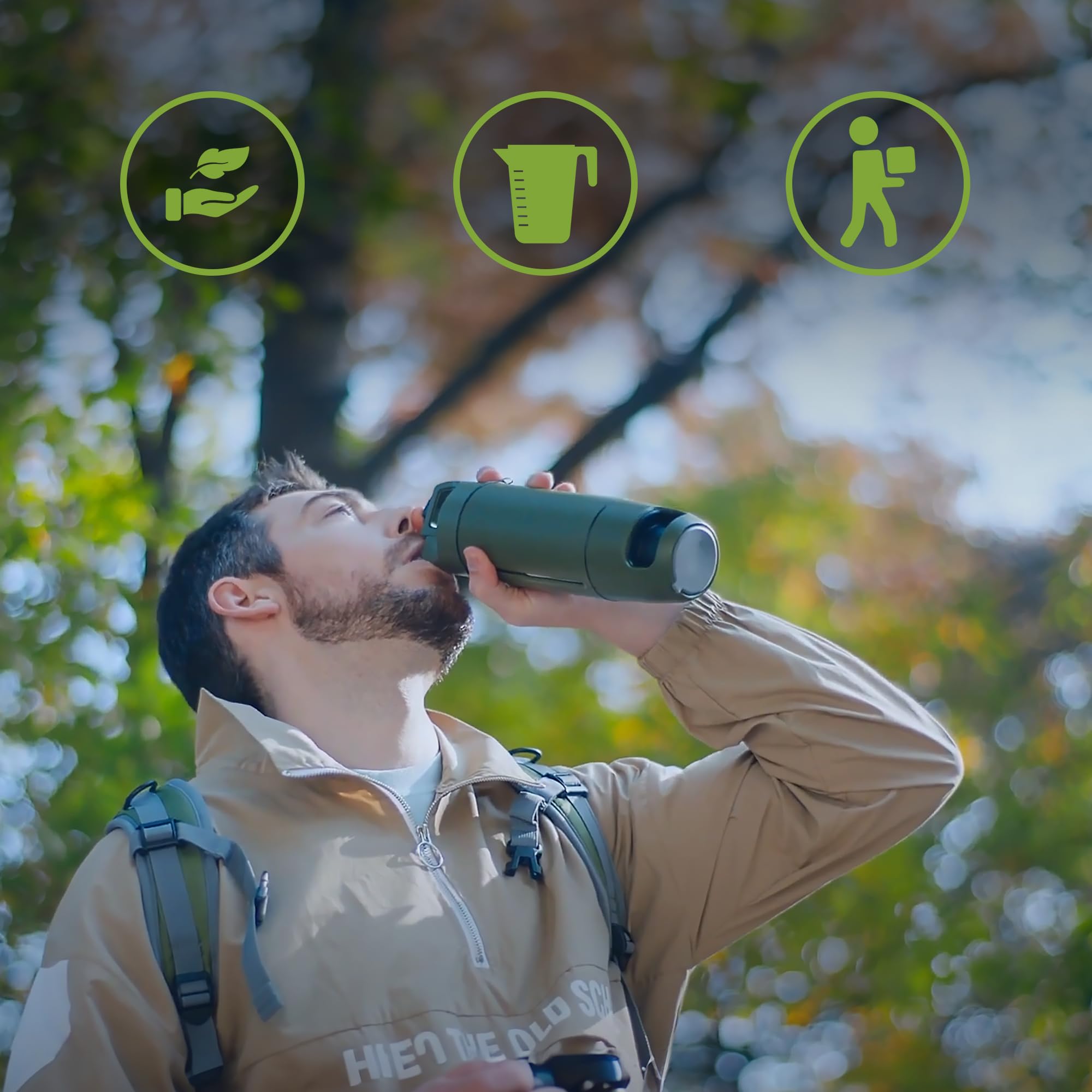 Extralink Purisoo+ Wasserfilter Outdoor mit Pumpe – Filterflasche 400ml mit UF Filter und Aktivkohle – Entfernt 99,99% Bakterien, Viren & Mikroplastik– Ideal für Wandern, Camping, Notfälle - Grün