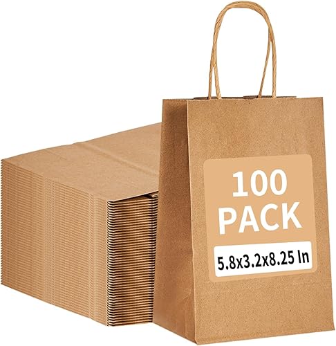 Miniatura 1 de Paquete de 100 bolsas de regalo de papel kraft marrón de 5.8 x 3.2 x 8.25 pulgadas con asas, bolsas naturales pequeñas y lisas a granel para