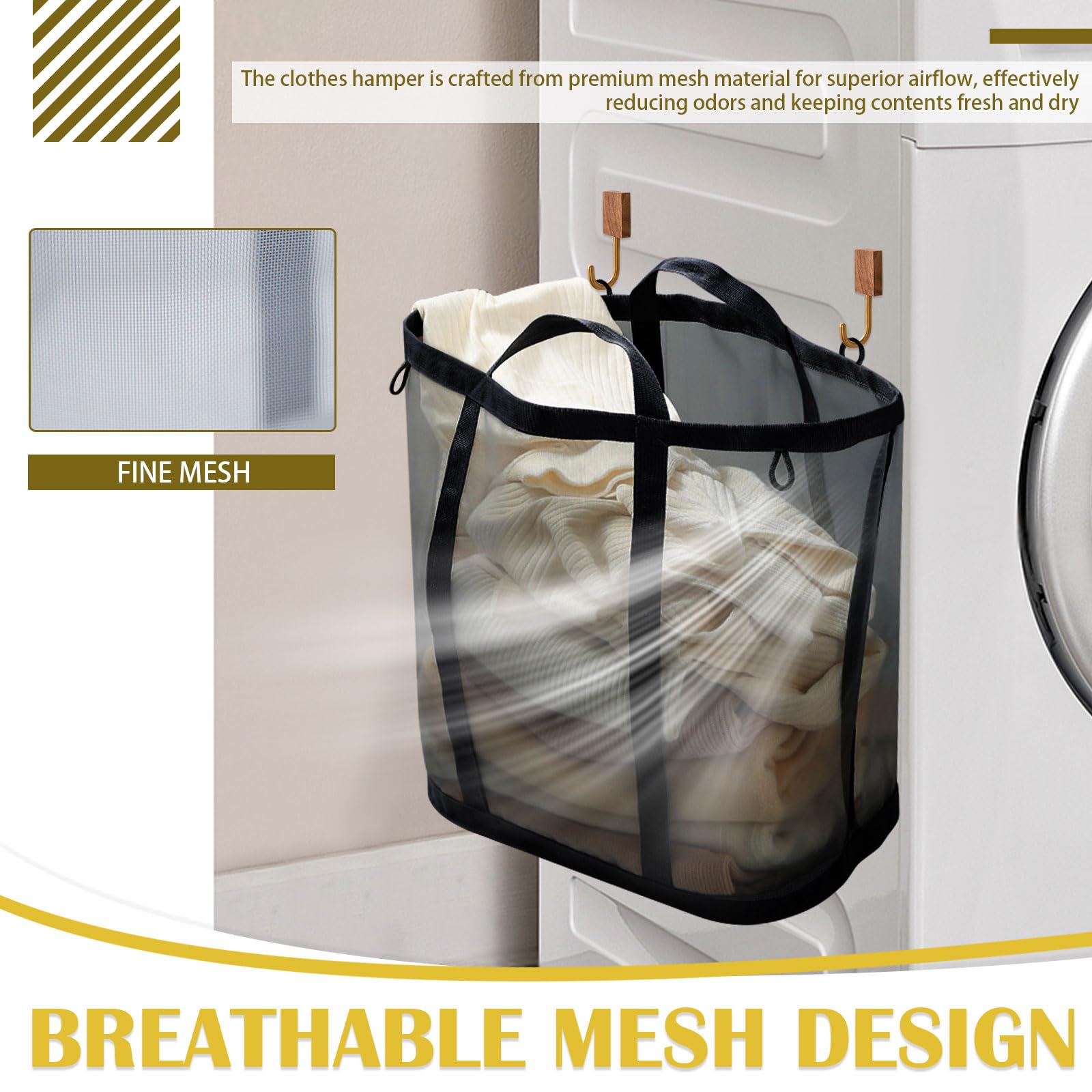 Netz-Wäschekorb, hängender Wäschekorb für Wandtür mit Griffen, atmungsaktiv, faltbar, Strandtasche, platzsparende Reisetasche, 2 Stück, Schwarz