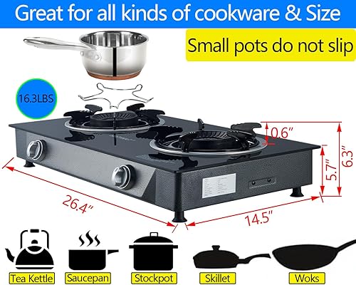 Miniatura 4 de Estufa de propano de 2 quemadores, estufa de gas de encendido automático, 26000 BTU de vidrio templado, quemador de propano GLP con manguera CSA
