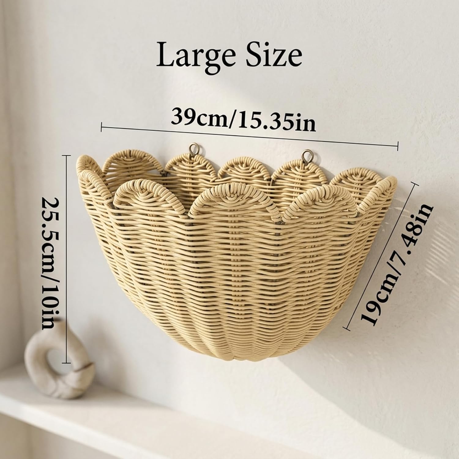 Scalloped Wall Basket for Home Decor, Beige Woven Hanging Storage Basket with Unique Petal Edge, Wall Mounted Organizer for Bathroom, Kitchen, Bedroom 15.35x6.02x8.9 inch